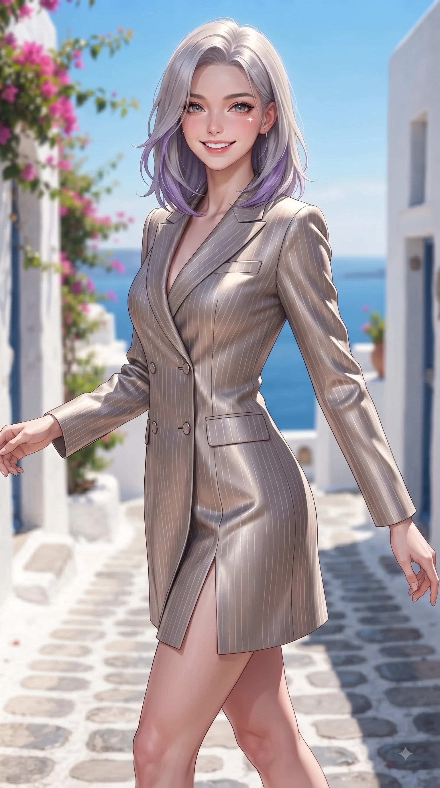 score_9, masterpiece, best quality, ultra-detailed, high-budget anime keyframe, editorial fashion photography, tasteful artistic composition, Caucasian woman. close-up cowboy shot from the waist and thighs up, the character dominates the composition, filling the frame with her large presence, background elements kept in soft focus. Enchanting happy smile, her eyes twinkling like jewels in the bright sunlight as one arm reaches out playfully while pivoting in a graceful resort stride down a sunlit cobblestone alley surrounded by bougainvillea, pristine white stone architecture contrasting brilliantly with deep azure sea and blue skies. She has an exceptionally elegant, slender, and willowy female figure with an ultra-slim waist, a gracefully sculpted slender torso, and a refined silhouette. sharp v-shaped jawline, high-bridge nose, intricate jewel-like eyes with depth, thick eyelashes, glossy lips with a natural sheen, flawlessly proportioned anatomical accuracy, natural body alignment, perfectly sculpted elegant limbs, clean dynamic posture without body distortion. wearing a double-breasted blazer dress with subtle metallic pin-stripes in muted taupe and soft ivory, crafted from smooth liquid silk, finished with a sleek side slit ascending to mid-thigh, the tailored fabric tightly following every curve of her athletic build. bathed in bright white Mediterranean sunbeams and deep blue sky refractions. ultra-reflective glossy finish, specular highlights, metallic sheen, high-contrast stereoscopic depth, volumetric dynamic lighting, 2k, ultra detail, master piece, 9:16 ratio