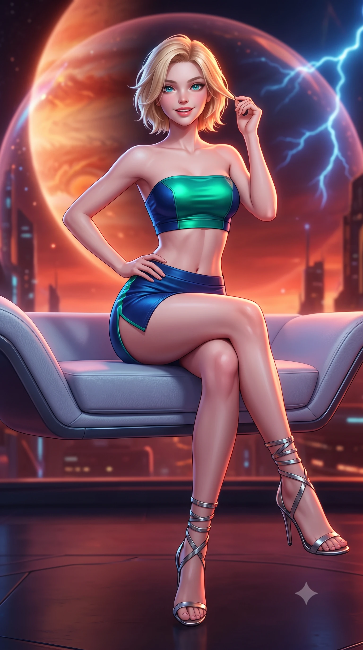 score_9, masterpiece, best quality, ultra-detailed, high-budget anime keyframe, semi-realistic 3D game render, editorial fashion photography, tasteful artistic composition, Caucasian woman. close-up cowboy shot from the waist and thighs up, the character dominates the composition, filling the frame with her large presence. twisting her slender torso in an alluring contrapposto stance, one hand resting on her sculpted hip while her fingers toy with her hair with effortless poise while sitting gracefully on the floating antigravity lounge with legs crossed, flashing a radiant, playful smile with parted glossy lips. The background shows a soft-focus plasma shield shimmer softened in gas giant aerostat sanctuary shallow focus. She has an exceptionally elegant, slender, and willowy female figure with an ultra-slim waist, flat toned midriff, narrow ribcage, and sculpted feminine hips creating an alluring, slim hourglass silhouette without bulk. sharp v-shaped jawline, high-bridge nose, intricate jewel-like sparkling eyes with depth, thick eyelashes, glossy parted lips with a natural peach sheen, bright cheerful beaming smile with an enchanting and coquettish sensual glint, exuding both youthful cute charm and seductive allure, flawlessly proportioned anatomical accuracy, strict slender model proportions, natural body alignment, perfectly sculpted long slender limbs, ultra-slim waistline, clean dynamic posture without body distortion. wearing an ultra-cropped tech-wear bandeau top paired with a micro mini skirt revealing her flat toned midriff in abyssal ocean sapphire and bioluminescent emerald, made of fluid liquid jersey with seamless sculpting hold and smooth contours, complemented by strappy stiletto sandals with metallic ankle wraps accentuating her slender calves, the high-slit wrap tailoring accentuating her ultra-slim waistline and the enchanting curve of her feminine hips with alluring seductive charm. bathed in rich amber and vermilion planetary atmospheric glow contrasted with sharp intermittent electric-blue lightning flashes. highly saturated vibrant anime colors, detailed shading with soft gradients, rich glossy textures, high-contrast stereoscopic depth, volumetric dynamic lighting, master piece, 9:16 ratio