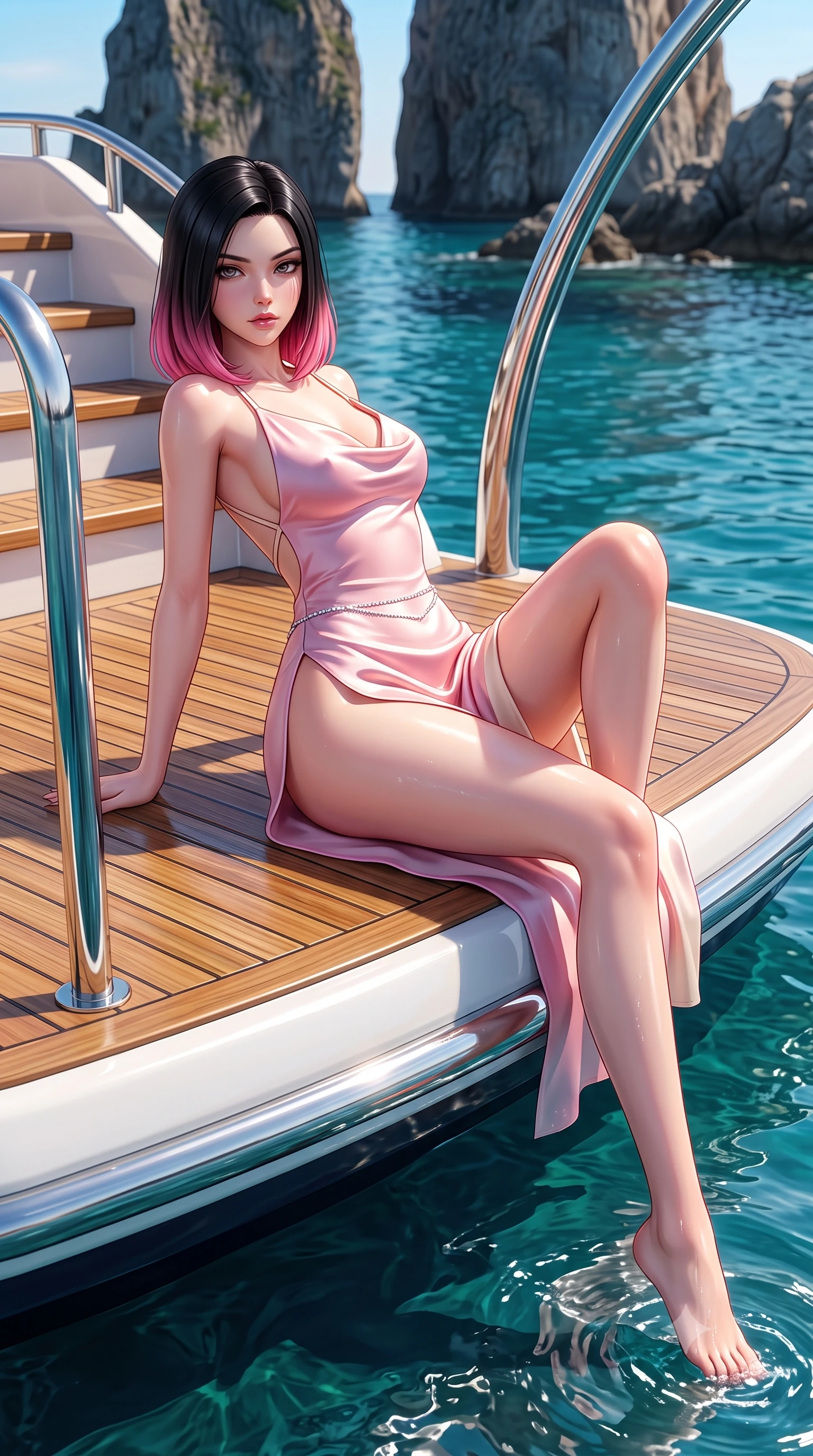 score_9, masterpiece, best quality, ultra-detailed, high-budget anime keyframe, semi-realistic 3D game render, editorial fashion photography, tasteful artistic composition, Korean woman. low angle full-body shot from head to toe showing her feet, filling the entire 9:16 vertical frame with her statuesque presence, stretching her vertical silhouette. reclining on her side in an elegant Cleopatra pose with one knee drawn up, the dramatic contour of her rounded hips and long slender legs commanding the 9:16 vertical frame while standing poised on the yacht swimming platform with water lapping at her feet, turning in an alluring dancer S-curve. The surrounding environment is rendered in vivid detail and crisp panoramic clarity. sharp teak wood caulking, polished chrome railing reflections, and sea stack rock texture in deep focus. She has an exceptionally tall and slender model-like 8.5-heads proportion, an ultra-slim waist, a flat toned midriff, narrow delicate ribcage, and beautifully sculpted feminine hips creating a graceful, slim hourglass silhouette without any bulky heaviness, with impossibly long slender legs. sharp v-shaped jawline, high-bridge nose, intricate jewel-like eyes with depth, thick eyelashes, glossy parted lips with a natural sheen, intensely captivating and seductive bedroom-eyes expression, flawlessly proportioned anatomical accuracy, strict slender model proportions, natural body alignment, perfectly sculpted long slender limbs, ultra-slim waistline, clean dynamic posture without body distortion. wearing a backless cowl-neck satin slip dress featuring high-cut side hip slits and delicate criss-cross back straps in sakura blossom pink and warm ivory, tailored from water-resistant treated wool gabardine and flexible stretch silk, accented with a dainty diamond waist chain catching the ambient light reflections, the glove-like aerodynamic silhouette tightly following the natural contour of her hips and long slender legs with statuesque 8.5-heads elegance. illuminated by intense specular sea surface reflections carving her razor-sharp jawline, narrow waist, and curvy hips. highly saturated vibrant anime colors, detailed shading with soft gradients, rich glossy textures, high-contrast stereoscopic depth, volumetric dynamic lighting, master piece, 9:16 ratio