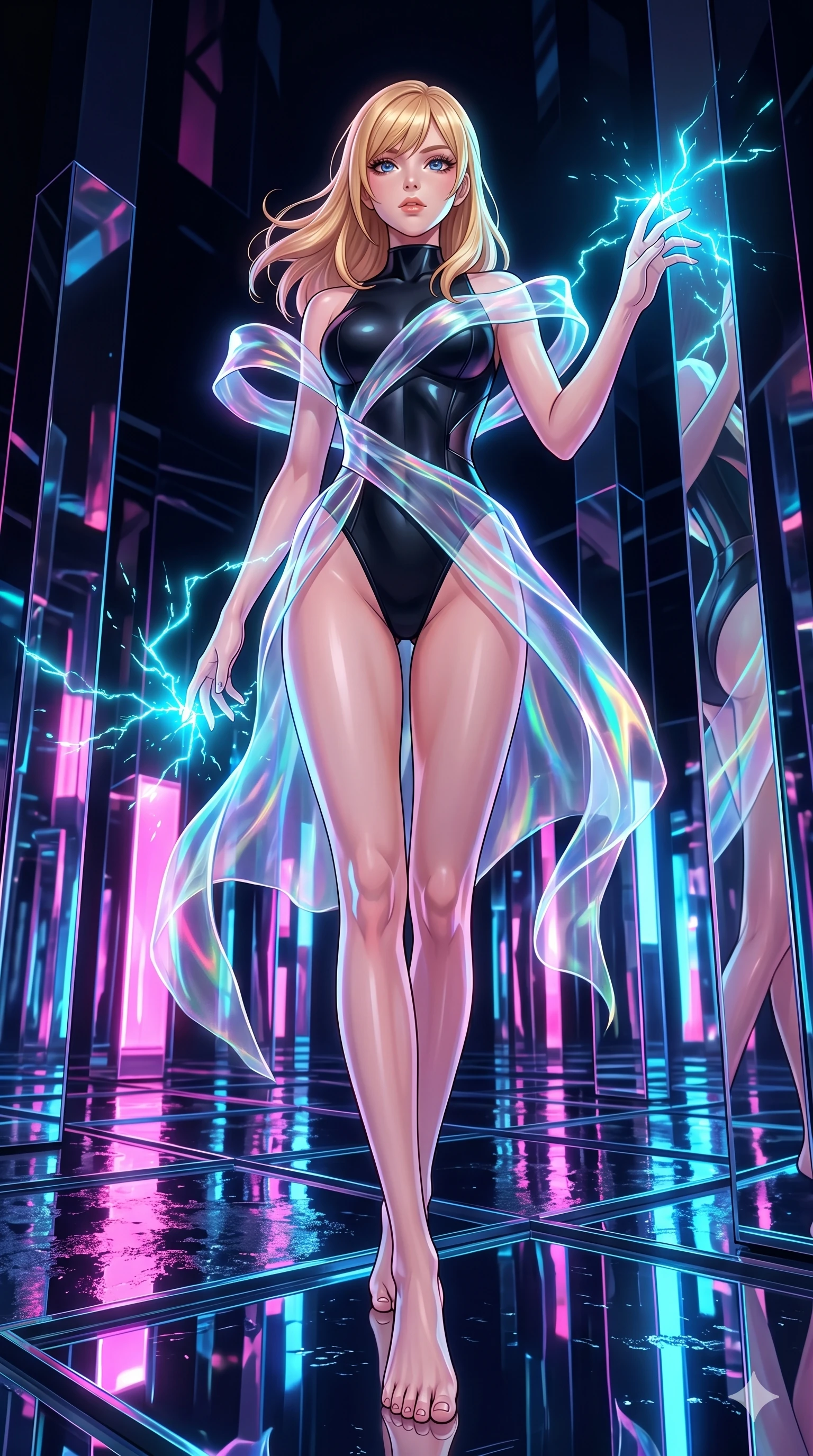 score_9, masterpiece, best quality, ultra-detailed, high-budget anime keyframe, editorial fashion photography, tasteful artistic composition, Caucasian woman, strictly human ears. low angle full-body shot from head to toe showing her feet, filling the entire 9:16 vertical frame with her statuesque presence, stretching her vertical silhouette. stepping gracefully onto in a kinetic light-sculpture mirror maze with floating chromium mirror pillars while sparks of electric cyan light crackle around her fingertips. She has an absolutely perfect 8-heads proportion, an exceptionally tall and slender female figure with impossibly long slender legs and an ultra-slim waist. V-shaped jawline, high-bridge nose, intricate jewel-like eyes with depth, thick eyelashes, glossy lips with a natural sheen.. wearing a cybernetic bodysuit with a holographic ribbon, featuring a sculpted sleek black performance bodysuit wrapped in a translucent flowing holographic organza ribbon. illuminated by the brilliant neon reflections bouncing off wet surfaces, emphasizing her skin tone. 2k, ultra detail, master piece, 9:16 ratio