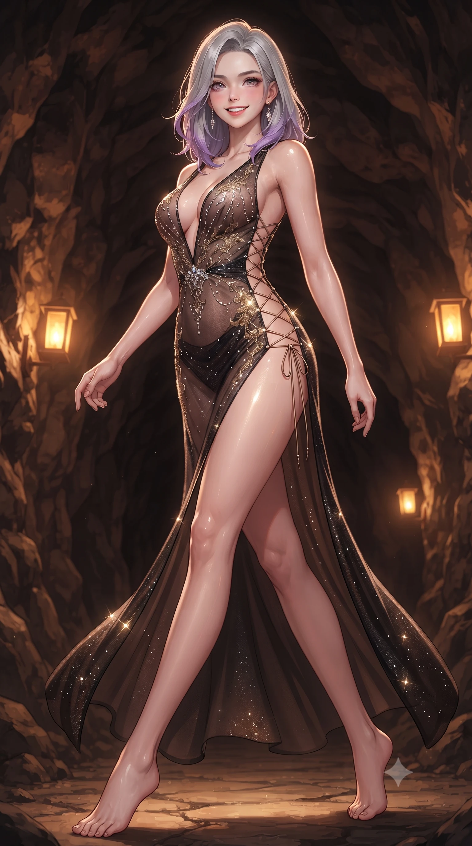 score_9, masterpiece, best quality, ultra-detailed, high-budget anime keyframe, editorial fashion photography, tasteful artistic composition, Caucasian woman. low angle full-body shot from head to toe showing her feet, filling the entire 9:16 vertical frame with her statuesque presence, stretching her vertical silhouette. stepping forward in a confident stride, her long slender legs and curvaceous hips creating a dynamic, sweeping vertical line while twisting her slender torso in an alluring contrapposto stance, hanging amber lanterns casting liquid highlights across her flat midriff. The surrounding environment is rendered in vivid detail and crisp panoramic clarity: detailed gossamer sheer mesh slip dress, delicate gold embroidery, and volcanic cave stonework in razor-sharp precision. She has an exceptionally tall and slender model-like 8.5-heads proportion, an ultra-slim waist, a flat toned midriff, narrow delicate ribcage, and beautifully sculpted feminine hips creating a graceful, slim hourglass silhouette without any bulky heaviness, with impossibly long slender legs. sharp v-shaped jawline, high-bridge nose, intricate jewel-like sparkling eyes with depth, thick eyelashes, glossy parted lips with a natural peach sheen, bright cheerful beaming smile with an enchanting and coquettish sensual glint, exuding both youthful cute charm and seductive allure, flawlessly proportioned anatomical accuracy, strict slender model proportions, natural body alignment, perfectly sculpted long slender limbs, ultra-slim waistline, clean dynamic posture without body distortion. wearing a plunge-front sheer mesh cocktail gown with delicate crystal beading and an ultra-daring hip-high leg slit in Kyoto moonlit sakura blush and polished urushi black, woven from stretch metallic lurex jersey casting radiant starlight glints across her curves, featuring fine criss-cross lace-up side ties revealing tantalizing glimpses of her hip curve, the glove-like clinging cut tightly following the natural contour of her hips and long slender legs with youthful 8.5-heads elegance. bathed in the warm, intimate 2300K glow of concealed amber lantern sconces bouncing off glistening wet stone. ultra-reflective glossy finish, specular highlights, rich textural contrasts, high-contrast stereoscopic depth, volumetric dynamic lighting, 2k, ultra detail, master piece, 9:16 ratio