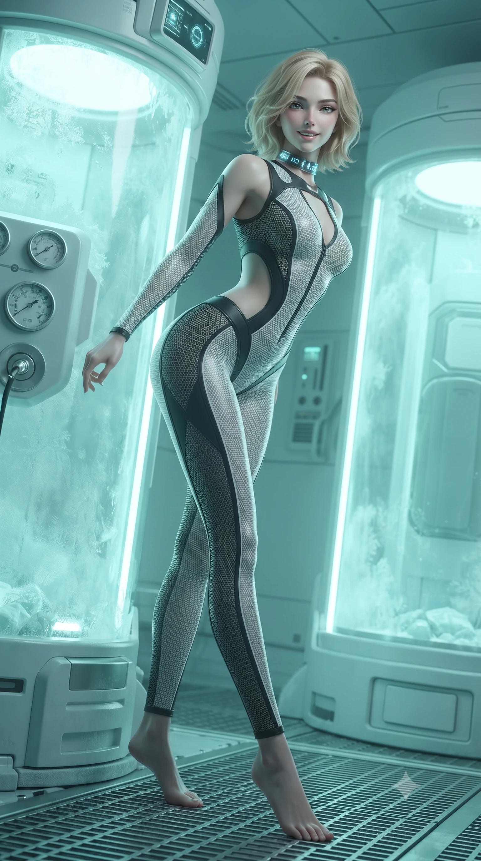 score_9, masterpiece, best quality, ultra-detailed, high-budget anime keyframe, editorial fashion photography, tasteful artistic composition, Caucasian woman. low angle full-body shot from head to toe showing her feet, filling the entire 9:16 vertical frame with her statuesque presence, stretching her vertical silhouette. leaning deep against the glowing energy conduit with hips cocked back in an unapologetically alluring high-fashion stance, flashing a warm beaming smile while leaning against a frosted glass stasis pod with hips cocked back, casting an intoxicating, mysterious bedroom-gaze through sub-zero vapor. The surrounding environment is rendered in vivid detail and crisp panoramic clarity: sharp frost rime on pod glass, cryogenic valve pressure dials, and textured steel floor grating in deep focus. She has an absolutely perfect, statuesque 8.5-heads proportion, an exceptionally tall and slender model-like female figure with impossibly long slender legs, an ultra-slim waist, a flat toned midriff, narrow delicate ribcage, and beautifully sculpted feminine hips creating a graceful, slim hourglass silhouette without any bulky heaviness. sharp v-shaped jawline, high-bridge nose, intricate jewel-like sparkling eyes with depth, thick eyelashes, glossy parted lips with a natural sheen, bright confident smile with an enchanting and coquettish sensual glint, exuding both youthful magnetic charm and sovereign high-tech allure, flawlessly proportioned anatomical accuracy, strict slender model proportions, natural body alignment, perfectly sculpted long slender limbs, ultra-slim waistline, clean dynamic posture without body distortion. wearing a futuristic cut-out nano-suit with diamond-shaped side-torso mesh insets tracing her slim hourglass curves in dual-tone high-contrast monochrome black and stark white, woven from delicate semi-opaque high-tensile nano-mesh with intricate hexagonal micro-patterns, complemented by a high-tech holographic choker projecting miniature glyphs, the precision-cut side openings and low-back scoop framing her graceful spine and the sensual sweep of her slim, toned hips. bathed in soft icy cyan and pale aquamarine glow emitted from stasis pod interiors. ultra-reflective glossy finish, specular highlights, rich textural contrasts, high-contrast stereoscopic depth, volumetric dynamic lighting, 2k, ultra detail, master piece, 9:16 ratio