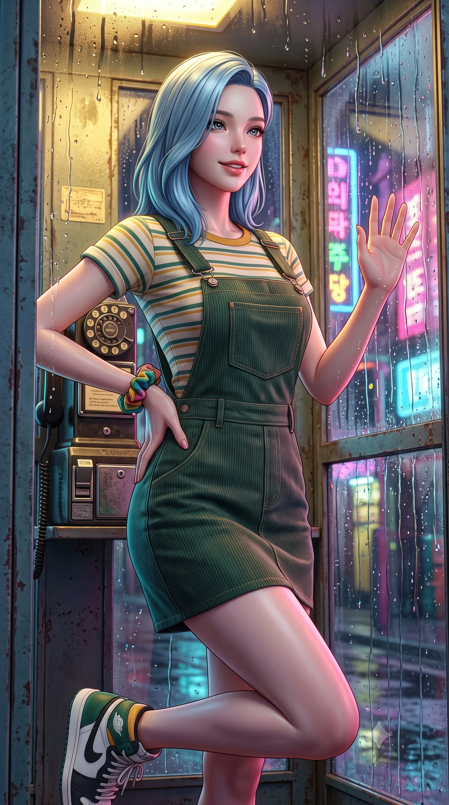 score_9, masterpiece, best quality, ultra-detailed, high-budget anime keyframe, semi-realistic 3D game render, editorial fashion photography, tasteful artistic composition, Korean woman. close-up cowboy shot from the waist and thighs up, the character dominates the composition, filling the frame with her large presence. smiling with subtle, enchanting allure and glossy parted lips, one hand resting on her waist with effortless supermodel poise while pressing her palm lightly against the rain-streaked glass, gazing out into the neon-lit street with wistful, romantic eyes. The surrounding environment is rendered in vivid detail and crisp panoramic clarity. crisp water droplet tracks on glass, rotary dial telephone textures, and weathered metal booth frames in deep focus. She has an exceptionally elegant, slender, and willowy female figure with an ultra-slim waist, a gracefully sculpted slender torso, toned flat midriff, and a refined slim silhouette. sharp v-shaped jawline, high-bridge nose, intricate jewel-like eyes with depth, thick eyelashes, glossy lips with a natural sheen, captivating and magnetic expression, flawlessly proportioned anatomical accuracy, strict slender model proportions, natural body alignment, perfectly sculpted long slender limbs, ultra-slim waistline, clean dynamic posture without body distortion. wearing a vintage corduroy dungaree dress layered over a pastel striped baby-tee with rolled cuffs in forest green, cream, and mustard yellow, crafted from distressed supple genuine leather and soft ribbed cotton knit, accessorized with a colorful scrunchie on her wrist and classic retro high-top sneakers, the breezy yet form-flattering drape swaying gracefully with her steps, accentuating her long willowy limbs and slim waistline. bathed in cozy yellow interior phone booth lamp light contrasting with cool neon street reflections outside. highly saturated vibrant anime colors, detailed shading with soft gradients, rich glossy textures, high-contrast stereoscopic depth, volumetric dynamic lighting, master piece, 9:16 ratio