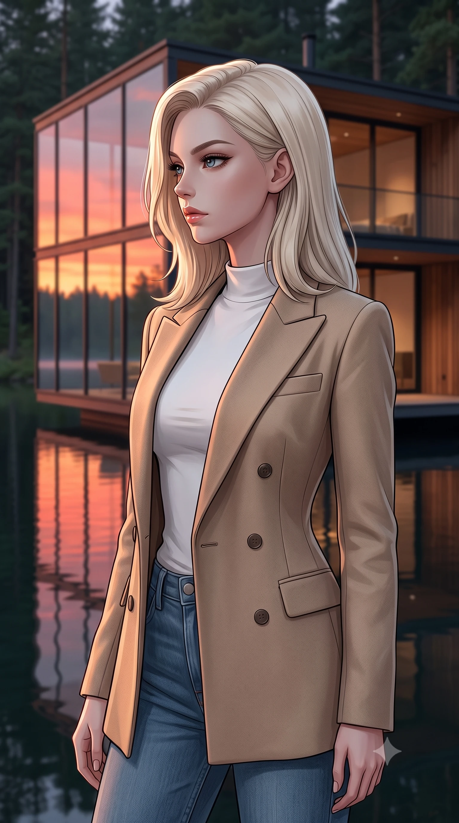 score_9, masterpiece, best quality, ultra-detailed, high-budget anime keyframe, editorial fashion photography, tasteful artistic composition, Caucasian woman woman. close-up cowboy shot from the waist and thighs up, the character dominates the composition, filling the frame with her large presence, background elements kept in soft focus. turning her face in sharp profile, casting a cold, mysterious, yet intensely sensual side gaze the background shows a soft-focus a modern house built of glass and wood, sitting on the edge of a calm forest lake. She has an exceptionally elegant, slender, and willowy female figure with an ultra-slim waist, a gracefully sculpted slender torso, and a refined silhouette. sharp v-shaped jawline, high-bridge nose, intricate jewel-like eyes with depth, thick eyelashes, glossy lips with a natural sheen. wearing a form-contouring tailored double-breasted blazer in sand wool, worn over a white mock-neck tee and denim jeans. the orange and pink reflection of the sunset on the glass walls and lake surface. 2k, ultra detail, master piece, 9:16 ratio