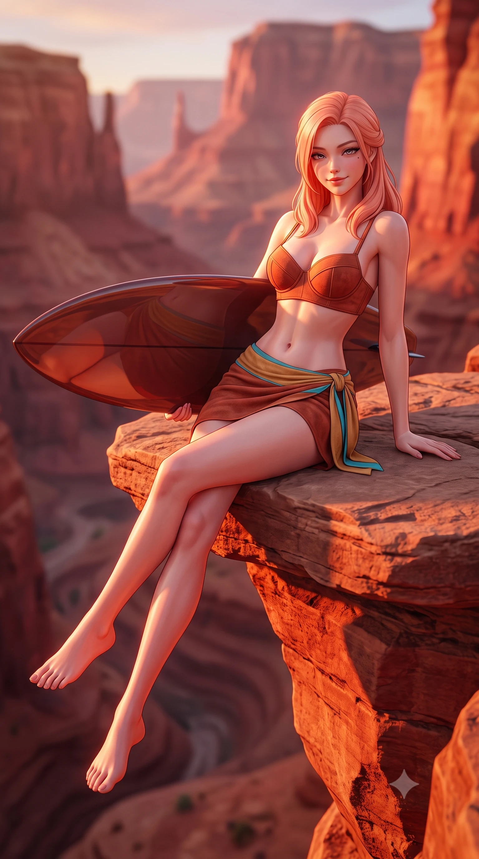 score_9, masterpiece, best quality, ultra-detailed, high-budget anime keyframe, semi-realistic 3D game render, editorial fashion photography, tasteful artistic composition, Japanese woman. low angle full-body shot from head to toe showing her feet, filling the entire 9:16 vertical frame with her statuesque presence, stretching her vertical silhouette. lounging on the lavish daybed with legs crossed and hips angled toward the camera, displaying her toned midriff and long slender limbs with effortless siren poise while lounging on the flat rock shelf with legs dangling gracefully over the canyon edge, displaying her long slender limbs with athletic poise. The background shows a soft-focus swirling desert canyon thermals softened in majestic southwestern shallow focus. She has an absolutely perfect, statuesque 8.5-heads proportion, an exceptionally tall and slender model-like female figure with impossibly long slender legs, an ultra-slim waist, a flat toned midriff, narrow delicate ribcage, and beautifully sculpted feminine hips creating a graceful, slim hourglass silhouette without any bulky heaviness. sharp v-shaped jawline, high-bridge nose, sparkling eyes with hypnotic seductive depth, thick curled eyelashes, glossy parted lips with a natural dewy peach sheen, alluring bedroom-eyes with an enchanting coquettish smile, exuding magnetic siren charisma and sophisticated glamour, flawlessly proportioned anatomical accuracy, strict slender model proportions, natural body alignment, perfectly sculpted long slender limbs, ultra-slim waistline, clean dynamic posture without body distortion. wearing a structured underwire bikini bustier top paired with an ultra-short draped sarong wrap mini skirt in terracotta rust and desert sand gold with turquoise accents, tailored from ultra-soft distressed suede with velvety hand-feel and rich shadow depth, accented with a custom high-gloss tinted surfboard held lightly with one hand, the high-slit wrap tailoring accentuating her ultra-slim waistline and the enchanting curve of her feminine hips with alluring seductive charm. bathed in intense crimson-and-gold sunset illumination bouncing directly off the canyon rock walls. highly saturated vibrant anime colors, detailed shading with soft gradients, rich glossy textures, high-contrast stereoscopic depth, volumetric dynamic lighting, master piece, 9:16 ratio