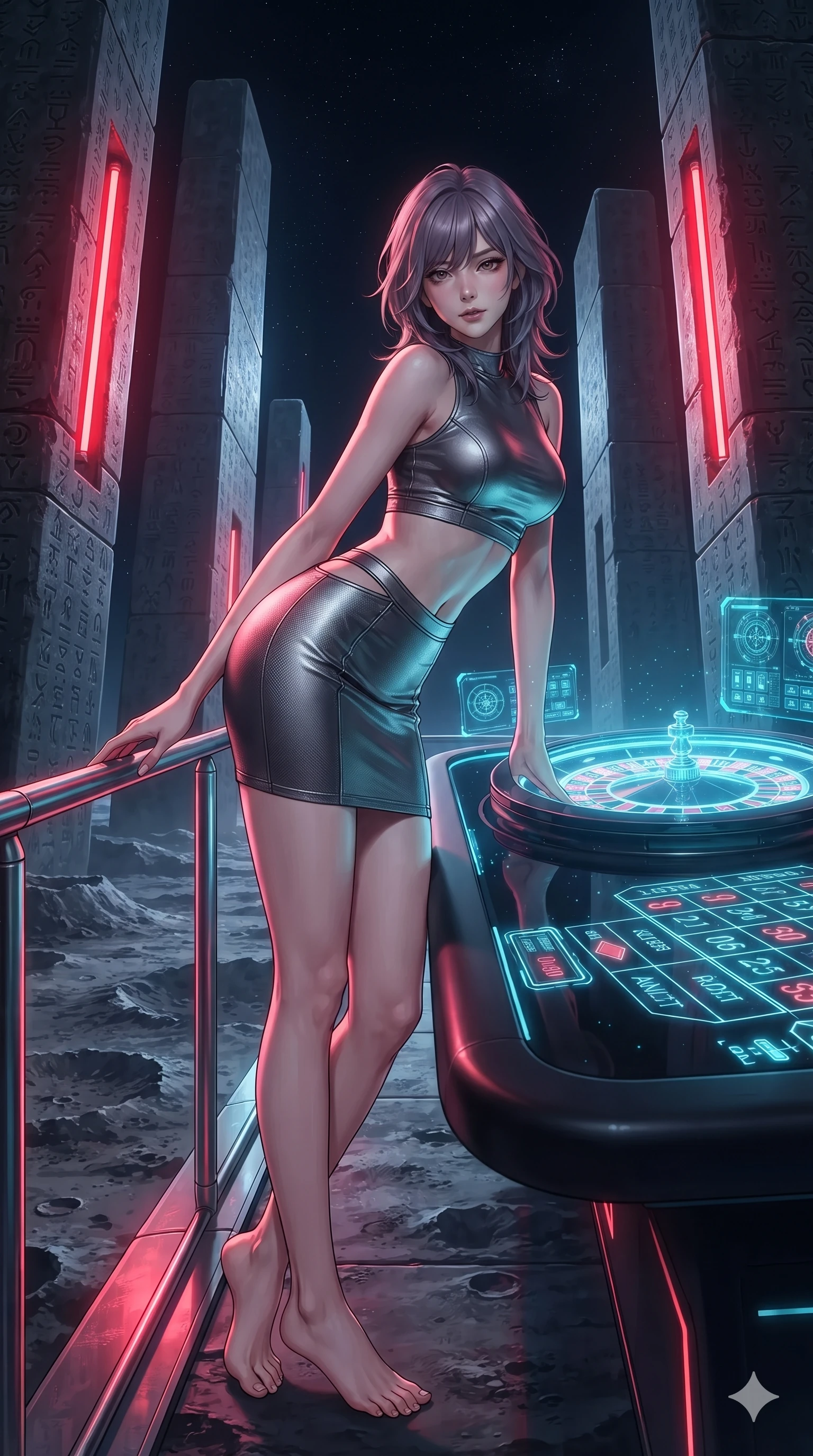 score_9, masterpiece, best quality, ultra-detailed, high-budget anime keyframe, editorial fashion photography, tasteful artistic composition, Japanese woman. low angle full-body shot from head to toe showing her feet, filling the entire 9:16 vertical frame with her statuesque presence, stretching her vertical silhouette. standing poised between colossal monoliths rising from alien ground, arching her back with sovereign ancient-future grace while standing in a tall, confident posture with one hand on a glowing metal railing, stretching her statuesque body as she arches her lower back while leaning over the glossy black hologram roulette table with hips cocked back. The surrounding environment is rendered in vivid detail and crisp panoramic clarity: detailed velvet dress tailoring, fine mesh waist cutouts, and opulent neo-cyberpunk interior design in razor-sharp precision. She has an absolutely perfect, statuesque 8.5-heads proportion, an exceptionally tall and slender model-like female figure with impossibly long slender legs, an ultra-slim waist, a flat toned midriff, narrow delicate ribcage, and beautifully sculpted feminine hips creating a graceful, slim hourglass silhouette without any bulky heaviness. sharp v-shaped jawline, high-bridge nose, intricate jewel-like sparkling eyes with depth, thick eyelashes, glossy parted lips with a natural sheen, bright confident smile with an enchanting and coquettish sensual glint, exuding both youthful magnetic charm and sovereign high-tech allure, flawlessly proportioned anatomical accuracy, strict slender model proportions, natural body alignment, perfectly sculpted long slender limbs, ultra-slim waistline, clean dynamic posture without body distortion. wearing a body-hugging modern carbon-alloy crop top paired with a low-rise tactical skirt and a subtle waist cut-out in metallic graphite and starlight platinum, made of fluid liquid jersey with seamless sculpting hold and smooth contours, finished with sharp laser-cut side ventilation slits framed by silver hardware rings, the impeccably tailored cut draping gracefully along her slender figure with aristocratic poise. bathed in the sensual, intimate glow of scarlet and neon crimson tubes mixed with crisp cyan holographic table projections. ultra-reflective glossy finish, specular highlights, rich textural contrasts, high-contrast stereoscopic depth, volumetric dynamic lighting, 2k, ultra detail, master piece, 9:16 ratio