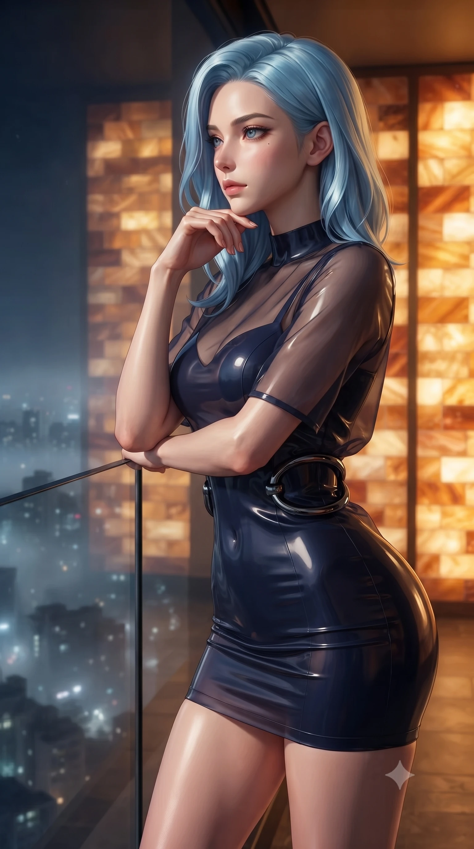 score_9, masterpiece, best quality, ultra-detailed, high-budget anime keyframe, editorial fashion photography, tasteful artistic composition, Korean woman. close-up cowboy shot from the waist and thighs up, the character dominates the composition, filling the frame with her large presence, background elements kept in soft focus. Resting her chin on the backs of her fingers with an air of effortless superiority, looking out the floor-to-ceiling glass wall as nocturnal mist blankets the city below, high-fashion editorial serenity with magnetic sensual allure. She has an exceptionally elegant, slender, and willowy female figure with an ultra-slim waist, a gracefully sculpted slender torso, and a refined silhouette. sharp v-shaped jawline, high-bridge nose, intricate jewel-like eyes with depth, thick eyelashes, glossy lips with a natural sheen. wearing glove-like fit dark navy latex bodycon mini dress in dark plum violet, made of sheer dark organza overlay, accented with sculpted obsidian chrome rings at the waist, contouring every curve with an exceptionally elegant silhouette. bathed in warm golden amber light radiating from glowing salt brick walls. highly saturated vibrant anime colors, detailed shading with soft gradients, rich glossy textures, high-contrast stereoscopic depth, volumetric dynamic lighting, master piece, 9:16 ratio
