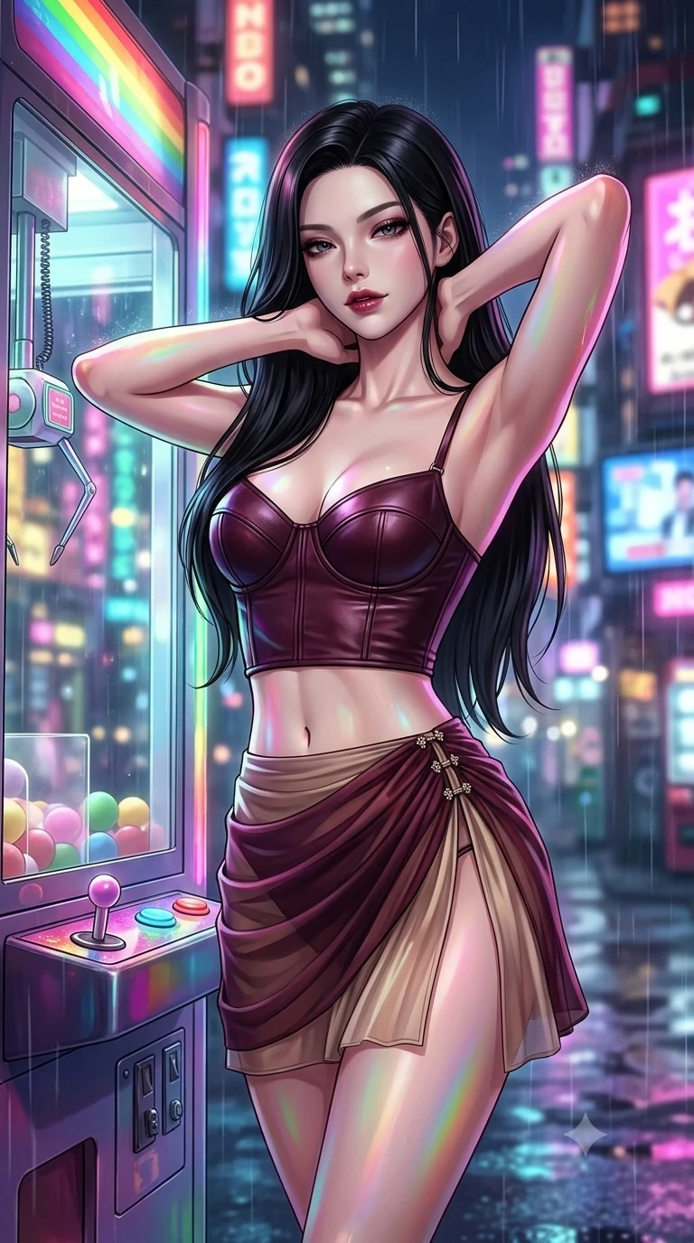 score_9, masterpiece, best quality, ultra-detailed, high-budget anime keyframe, semi-realistic 3D game render, editorial fashion photography, tasteful artistic composition, Korean woman. close-up cowboy shot from the waist and thighs up, the character dominates the composition, filling the frame with her large presence. resting both hands lightly behind her neck with elbows raised, arching her spine to highlight her narrow waist, flat midriff, and breathtaking collarbones while twisting her slender torso in an alluring S-curve beside the retro crane machine vitrine, colorful game lights dancing across her curves. The background shows a soft-focus retro-futuristic Tokyo entertainment district softened in rain-soaked shallow focus. She has an exceptionally elegant, slender, and willowy female figure with an ultra-slim waist, flat toned midriff, narrow ribcage, and sculpted feminine hips creating an alluring, slim hourglass silhouette without bulk. sharp v-shaped jawline, high-bridge nose, intricate jewel-like dark sparkling eyes with dangerous depth, thick curled eyelashes, glossy parted lips with a rich wine sheen, smoldering seductive half-smile with bedroom-eyes, exuding effortless superiority and intoxicating dark allure, flawlessly proportioned anatomical accuracy, strict slender model proportions, natural body alignment, perfectly sculpted long slender limbs, ultra-slim waistline, clean dynamic posture without body distortion. wearing a structured underwire leather bustier top paired with an ultra-short draped wrap mini skirt in dark mulberry wine and antique champagne, crafted from semi-sheer pleated silk chiffon layered over an opaque second-skin underlayer, finished with an ultra-high side slit secured by miniature jeweled clasps, the form-contouring cut accentuating her sculpted flat midriff, narrow delicate ribcage, and gracefully curvy hips with intoxicating allure. bathed in ultra-saturated rainbow neon glow from illuminated signboards and video screens. highly saturated vibrant anime colors, detailed shading with soft gradients, rich glossy textures, high-contrast stereoscopic depth, volumetric dynamic lighting, master piece, 9:16 ratio