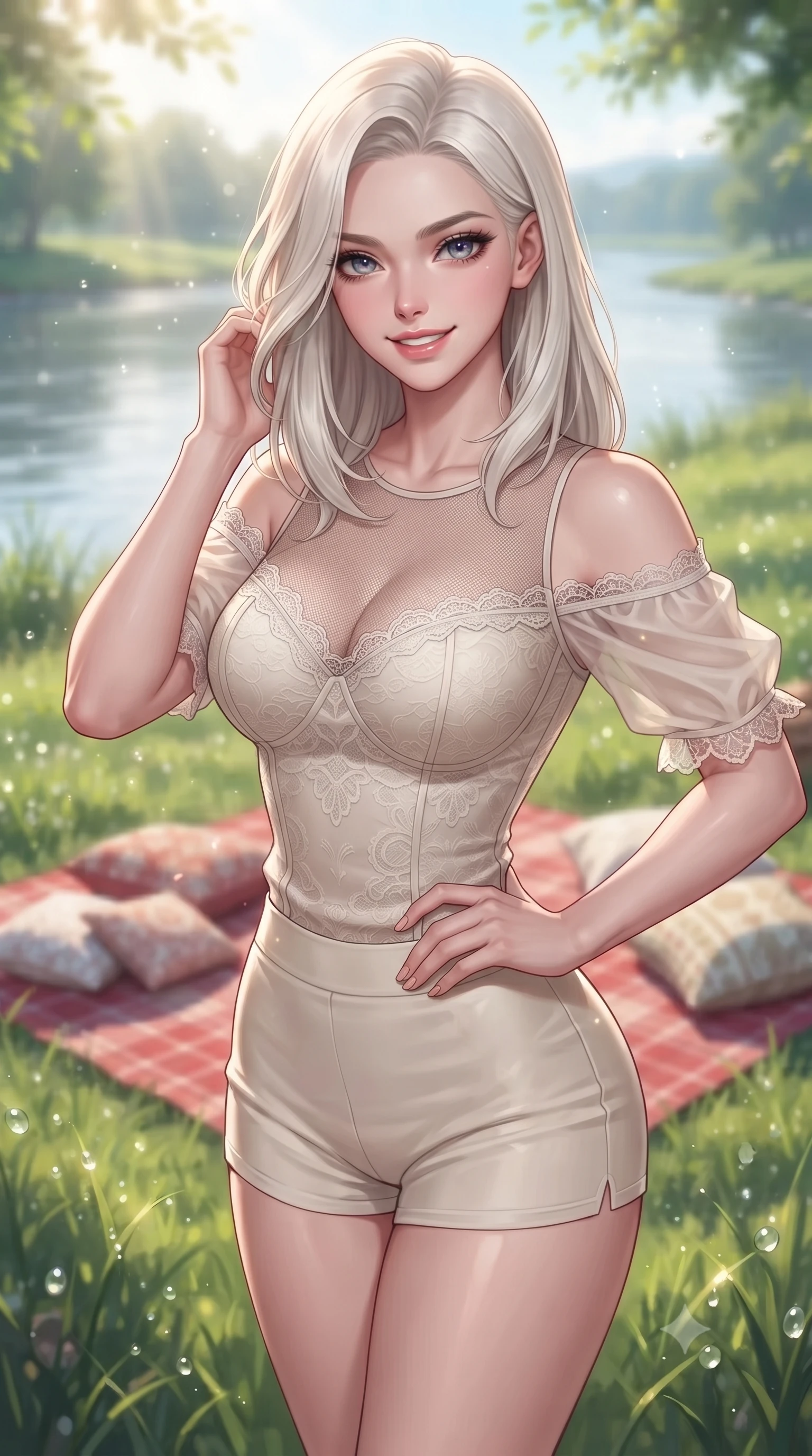 score_9, masterpiece, best quality, ultra-detailed, high-budget anime keyframe, editorial fashion photography, tasteful artistic composition, Caucasian woman. close-up cowboy shot from the waist and thighs up, the character dominates the composition, filling the frame with her large presence, background elements kept in soft focus. smiling with cute and bright self-assurance, looking directly at the viewer set against a soft-focus background of on a grassy riverside park lawn next to a wide, calm river with a red checkered picnic blanket and pillows arranged on the grass. She has an exceptionally elegant, slender, and willowy female figure with an ultra-slim waist, a gracefully sculpted slender torso, and a refined silhouette. sharp v-shaped jawline, high-bridge nose, intricate jewel-like eyes with depth, thick eyelashes, glossy lips with a natural sheen. wearing form-contouring delicate lace-trim off-shoulder blouse paired with a sheer mesh overlay and form-contouring mini shorts. bright morning sun rays creating fresh dewdrop reflections on the grass. ultra-reflective glossy finish, specular highlights, metallic sheen, high-contrast stereoscopic depth, volumetric dynamic lighting, 2k, ultra detail, master piece, 9:16 ratio