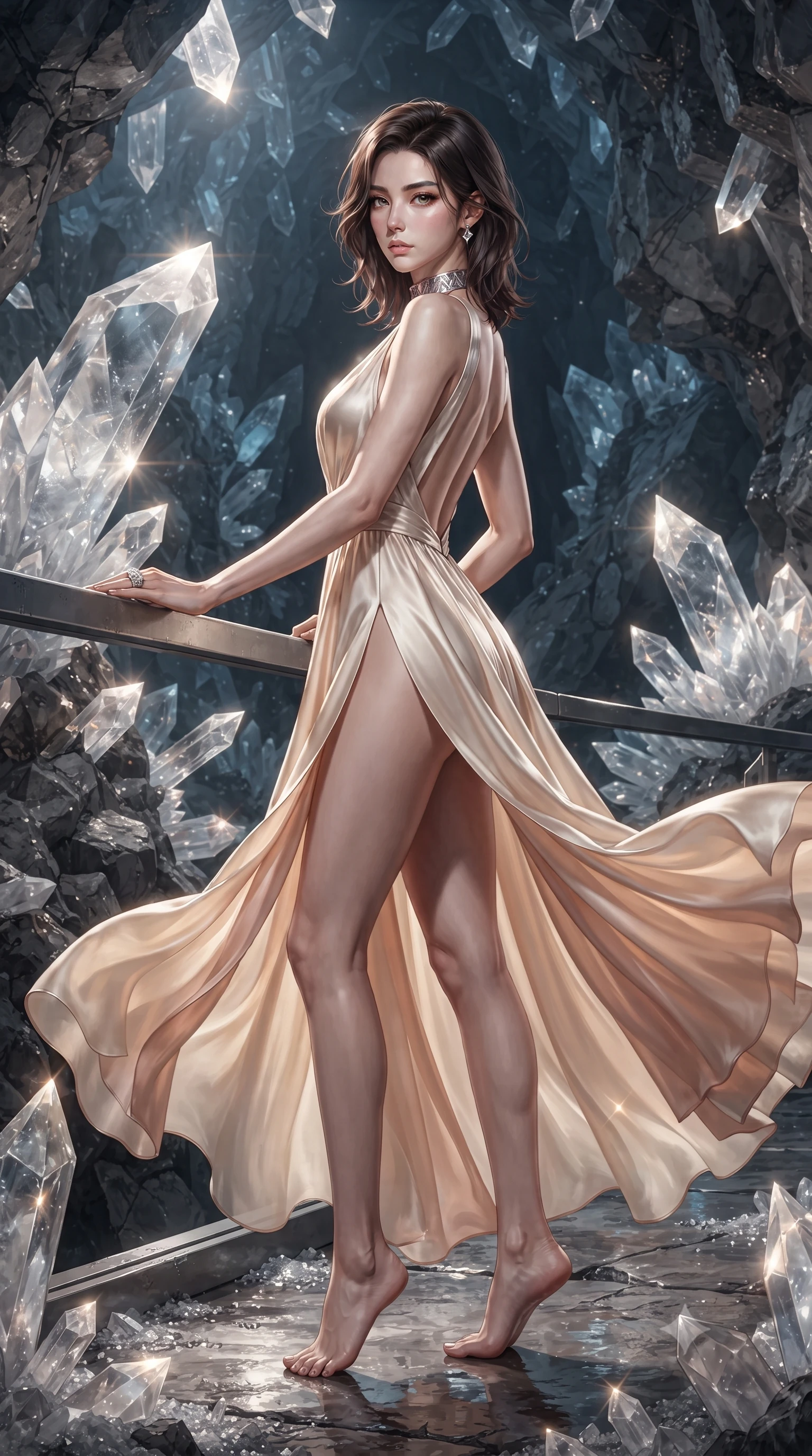 score_9, masterpiece, best quality, ultra-detailed, high-budget anime keyframe, editorial fashion photography, tasteful artistic composition, Korean woman. low angle full-body shot from head to toe showing her feet, filling the entire 9:16 vertical frame with her statuesque presence, stretching her vertical silhouette. executing an elegant mid-motion pivot turn as garments swirl around her slender limbs, glancing over her shoulder with an intoxicating bedroom-gaze while leaning against a matte titanium inspection rail with hips cocked back, casting a cool, fearless bedroom-gaze into the subterranean crystal abyss. The surrounding environment is rendered in vivid detail and crisp panoramic clarity. sharp crystal facet cleavages, basalt rock fractures, and titanium gantry bolt seams in deep focus. She has an exceptionally tall and slender model-like 8.5-heads proportion, an ultra-slim waist, a flat toned midriff, narrow delicate ribcage, and beautifully sculpted feminine hips creating a graceful, slim hourglass silhouette without any bulky heaviness, with impossibly long slender legs. sharp v-shaped jawline, high-bridge nose, intricate jewel-like eyes with depth, thick eyelashes, glossy parted lips with a natural sheen, intensely captivating and seductive bedroom-eyes expression, flawlessly proportioned anatomical accuracy, strict slender model proportions, natural body alignment, perfectly sculpted long slender limbs, ultra-slim waistline, clean dynamic posture without body distortion. wearing a plunging-V neckline duchess satin gown with high side slits ascending to the high hip in vintage champagne ivory and delicate rose gold, woven from layered gossamer chiffon with a weightless sweeping drape, complemented by a bold geometric choker and sparkling cocktail ring, the dramatically scooped open back descending to the base of her spine, accentuating her razor-sharp statuesque lines and slim hourglass silhouette. illuminated by dazzling crystal facet reflections sharply defining her sculpted collarbones, ultra-slim waist, and curvy hips. ultra-reflective glossy finish, specular highlights, rich textural contrasts, high-contrast stereoscopic depth, volumetric dynamic lighting, 2k, ultra detail, master piece, 9:16 ratio