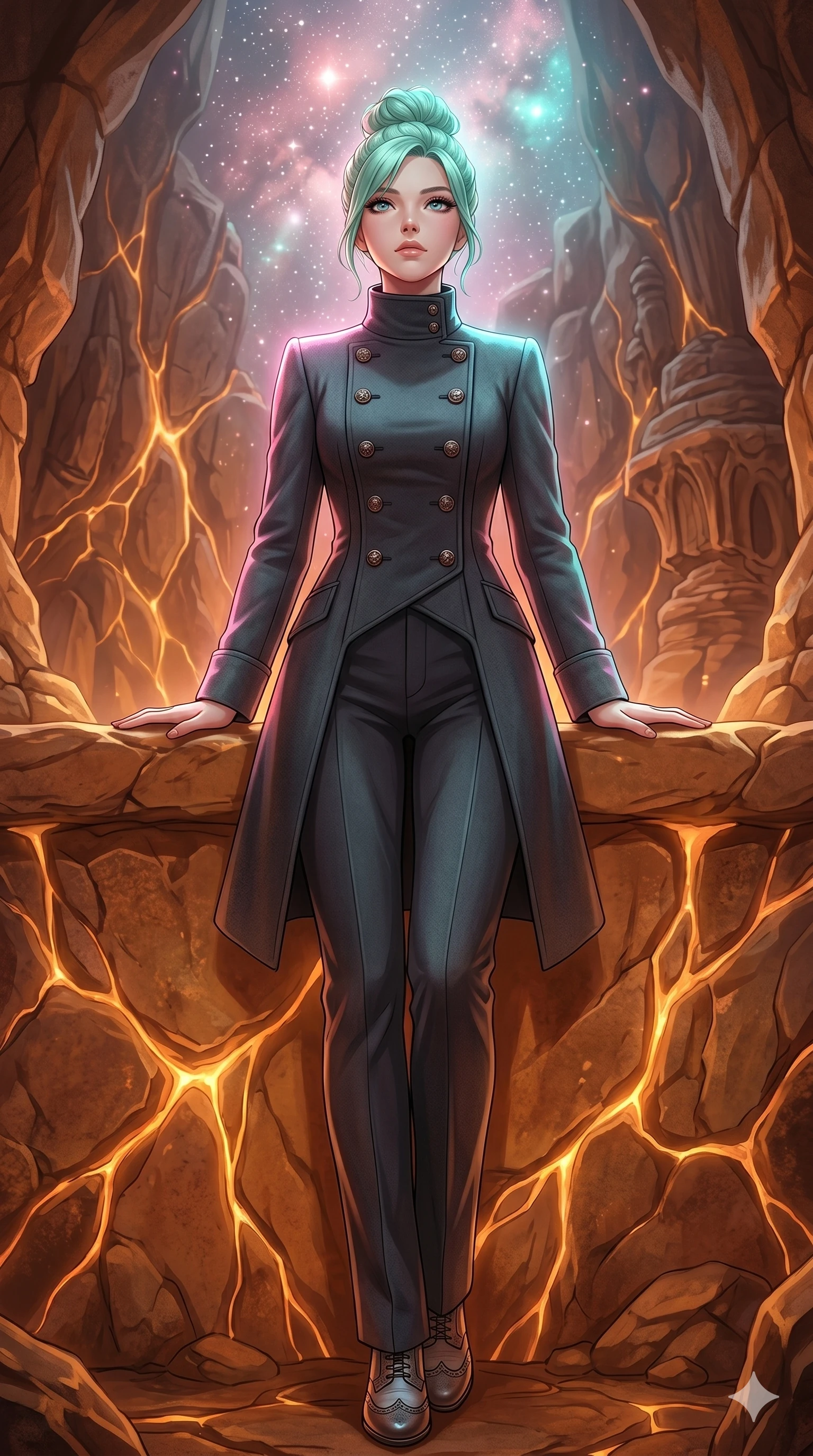 score_9, masterpiece, best quality, ultra-detailed, high-budget anime keyframe, editorial fashion photography, tasteful artistic composition, Japanese woman. low angle full-body shot from head to toe showing her feet, filling the entire 9:16 vertical frame with her statuesque presence, stretching her vertical silhouette. resting her arms on the warm stone ledge, tilting her chin up with a relaxed, composed expression inside a hidden volcanic sanctuary with glowing amber mineral veins (Code-P18-021). She has an absolutely perfect 8-heads proportion, an exceptionally tall and slender female figure with impossibly long slender legs and an ultra-slim waist. V-shaped jawline, high-bridge nose, intricate jewel-like eyes with depth, thick eyelashes, glossy lips with a natural sheen. wearing a high-neck double-breasted woolen coat with tailored long trousers. starlight and nebula glow casting soft cosmic pink and cyan highlights on her athletic form. 2k, ultra detail, master piece, 9:16 ratio