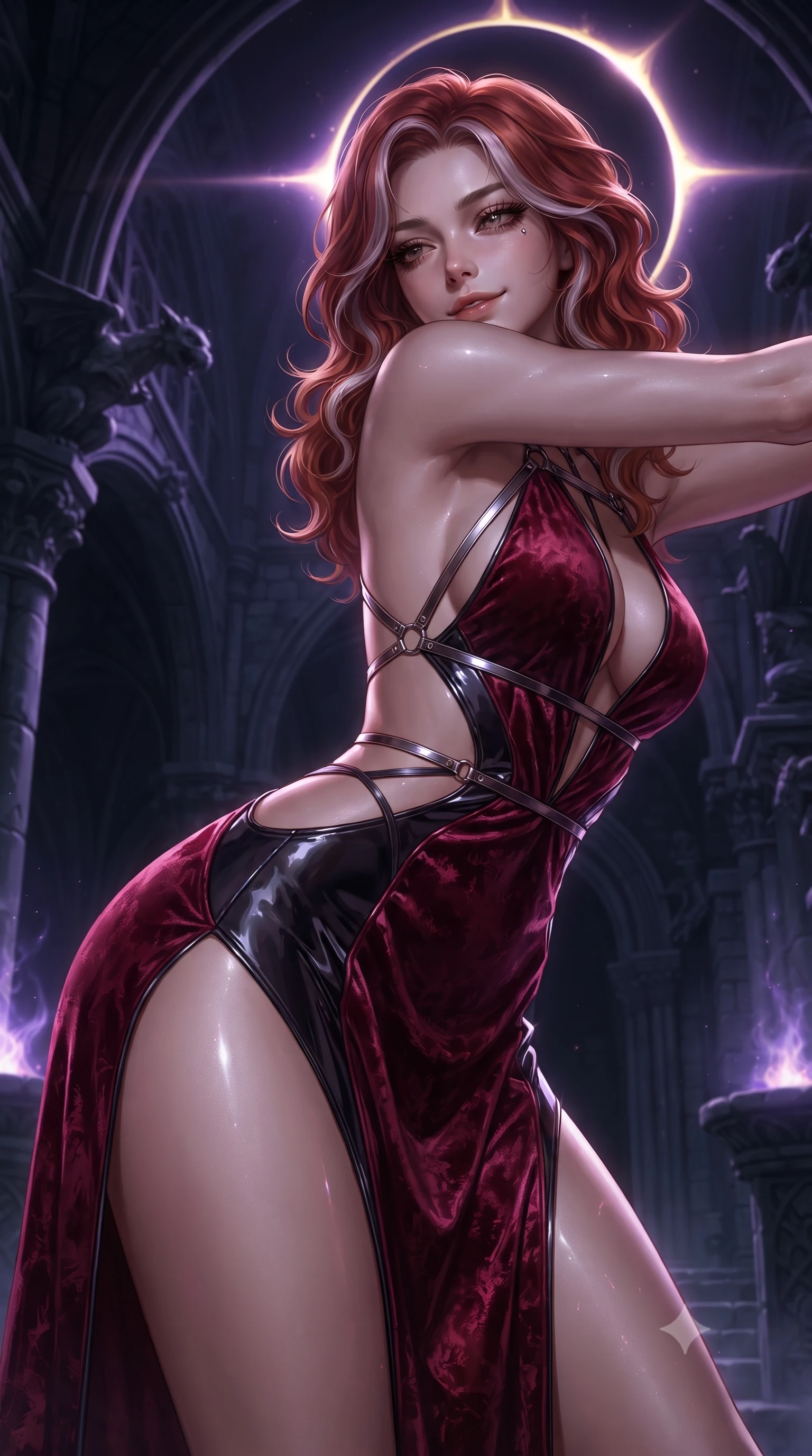 score_9, masterpiece, best quality, ultra-detailed, high-budget anime keyframe, editorial fashion photography, tasteful artistic composition, Caucasian woman. close-up cowboy shot from the waist and thighs up, the character dominates the composition, filling the frame with her large presence. stretching forward with an alluring arch of her spine, glancing over her shoulder with heavy lashes and an intoxicating, seductive half-smile while arching her spine in a powerful yet enticing stance as the eclipsed solar corona casts a sharp golden-violet halo. The surrounding environment is rendered in vivid detail and crisp panoramic clarity. dramatic chiaroscuro contrast between glowing eclipse light and dark mystical architecture in precision. She has an exceptionally elegant, slender, and willowy female figure with an ultra-slim waist, a gracefully sculpted slender torso, toned flat midriff, and a refined slim silhouette. sharp v-shaped jawline, high-bridge nose, intricate jewel-like eyes with depth, thick eyelashes, glossy lips with a natural sheen, flawlessly proportioned anatomical accuracy, strict slender model proportions, natural body alignment, perfectly sculpted long slender limbs, ultra-slim waistline, clean dynamic posture without body distortion. wearing a backless deep blood-crimson crushed velvet gown with a deep plunging V-neckline, strategic hip cutouts, and an ultra-high thigh slit in midnight onyx black and deep blood crimson, formed from high-gloss patent material with specular chiaroscuro reflections, reinforced by a sleek metallic chrome harness and delicate dark glowing micro-straps, the glove-like aerodynamic second-skin fit tightly clinging to her ultra-slender waist and athletic curves without adding bulk, accentuating her razor-sharp statuesque lines and slim hourglass silhouette. bathed in glowing violet arcane energy uplights and sharp golden eclipse corona rim lighting. ultra-reflective glossy finish, specular highlights, dark metallic sheen, deep chiaroscuro contrast, volumetric dynamic shadow lighting, 2k, ultra detail, master piece, 9:16 ratio