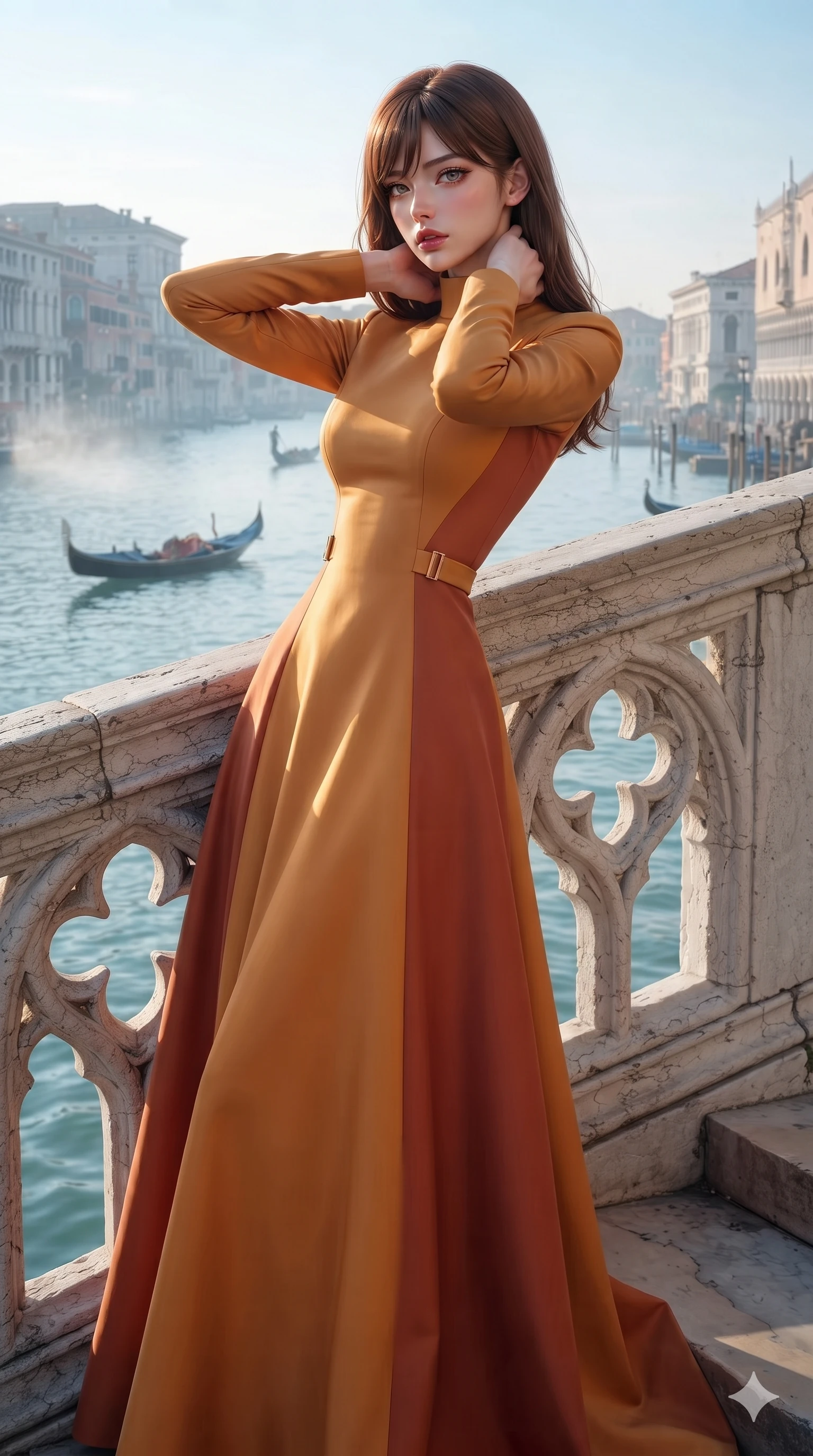 score_9, masterpiece, best quality, ultra-detailed, high-budget anime keyframe, semi-realistic 3D game render, editorial fashion photography, tasteful artistic composition, Korean woman. close-up cowboy shot from the waist and thighs up, the character dominates the composition, filling the frame with her large presence. resting both hands lightly behind her neck with elbows raised, arching her spine to highlight her narrow waist, flat midriff, and breathtaking collarbones while leaning forward over the carved Istrian stone gothic balustrade, looking back with sleepy seductive bedroom-eyes as gondolas drift along the misty Grand Canal. The surrounding environment is rendered in vivid detail and crisp panoramic clarity: sharp carved quatrefoil gothic tracery, weathered Istrian stone texture, and water lap ripples against marble steps in deep focus. She has an exceptionally elegant, slender, and willowy female figure with an ultra-slim waist, flat toned midriff, narrow ribcage, and sculpted feminine hips creating an alluring, slim hourglass silhouette without bulk. sharp v-shaped jawline, high-bridge nose, intricate jewel-like eyes with depth, thick eyelashes, glossy parted lips with a natural sheen, intensely captivating and seductive bedroom-eyes expression, flawlessly proportioned anatomical accuracy, strict slender model proportions, natural body alignment, perfectly sculpted long slender limbs, ultra-slim waistline, clean dynamic posture without body distortion. wearing a high-neck long-sleeve evening gown in structured silk mikado with a regal floor-sweeping A-line skirt in warm Tuscan ochre and terracotta sienna, tailored from water-resistant treated wool gabardine and flexible stretch silk, finished with sleek magnetic buckle closures fluttering in the breeze, the impeccably tailored cut draping gracefully along her slender figure with aristocratic poise. bathed in luminous morning canal light with soft cyan reflections bouncing off the water surface. highly saturated vibrant anime colors, detailed shading with soft gradients, rich glossy textures, high-contrast stereoscopic depth, volumetric dynamic lighting, master piece, 9:16 ratio