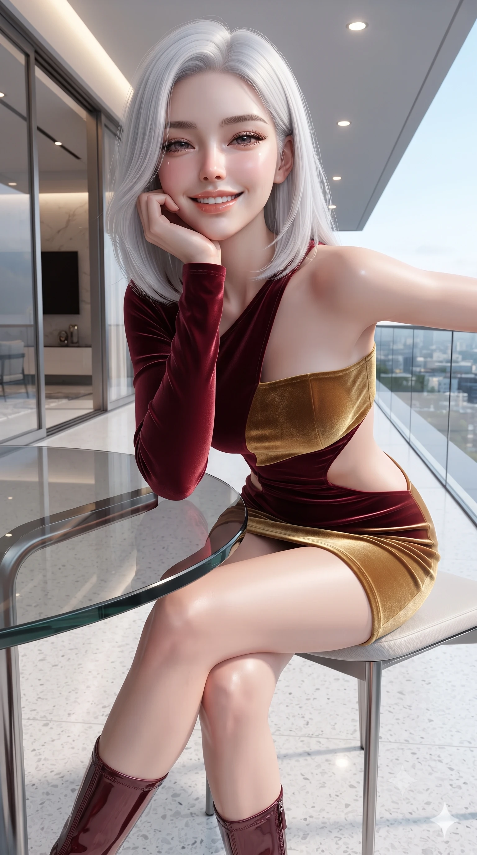 score_9, masterpiece, best quality, ultra-detailed, high-budget anime keyframe, editorial fashion photography, tasteful artistic composition, Korean woman. close-up cowboy shot from the waist and thighs up, the character dominates the composition, filling the frame with her large presence. resting one elbow on the table and supporting her chin, leaning close to the camera with heavy-lidded sparkling eyes and parted lips while walking along the cantilevered penthouse terrace with confident model strides, her high-slit gown billowing around her long slender legs. The surrounding environment is rendered in vivid detail and crisp panoramic clarity: sharp frameless glass balustrade bevels, brushed titanium door tracks, and polished white terrazzo floor in deep focus. She has an exceptionally elegant, slender, and willowy female figure with an ultra-slim waist, flat toned midriff, narrow ribcage, and sculpted feminine hips creating an alluring, slim hourglass silhouette without bulk. sharp v-shaped jawline, high-bridge nose, intricate jewel-like sparkling eyes with depth, thick eyelashes, glossy parted lips with a natural peach sheen, bright cheerful beaming smile with an enchanting and coquettish sensual glint, exuding both youthful cute charm and seductive allure, flawlessly proportioned anatomical accuracy, strict slender model proportions, natural body alignment, perfectly sculpted long slender limbs, ultra-slim waistline, clean dynamic posture without body distortion. wearing an asymmetrical cut-out tech-couture mini dress with one long sleeve, bare shoulder, and side-waist cutouts in Italian baroque bordeaux wine and antique gilded gold, tailored from ultra-plush silk velvet with rich tactile depth and deep shadow gradients, complemented by sleek patent leather stiletto ankle boots accentuating her long slender calves, the form-contouring silhouette accentuating her sculpted flat midriff, narrow delicate ribcage, and gracefully curvy hips with intoxicating allure. illuminated by interior architectural cove downlights and crisp silver-cyan rim lights defining her jawline, narrow waist, and feminine hips. ultra-reflective glossy finish, specular highlights, rich textural contrasts, high-contrast stereoscopic depth, volumetric dynamic lighting, 2k, ultra detail, master piece, 9:16 ratio