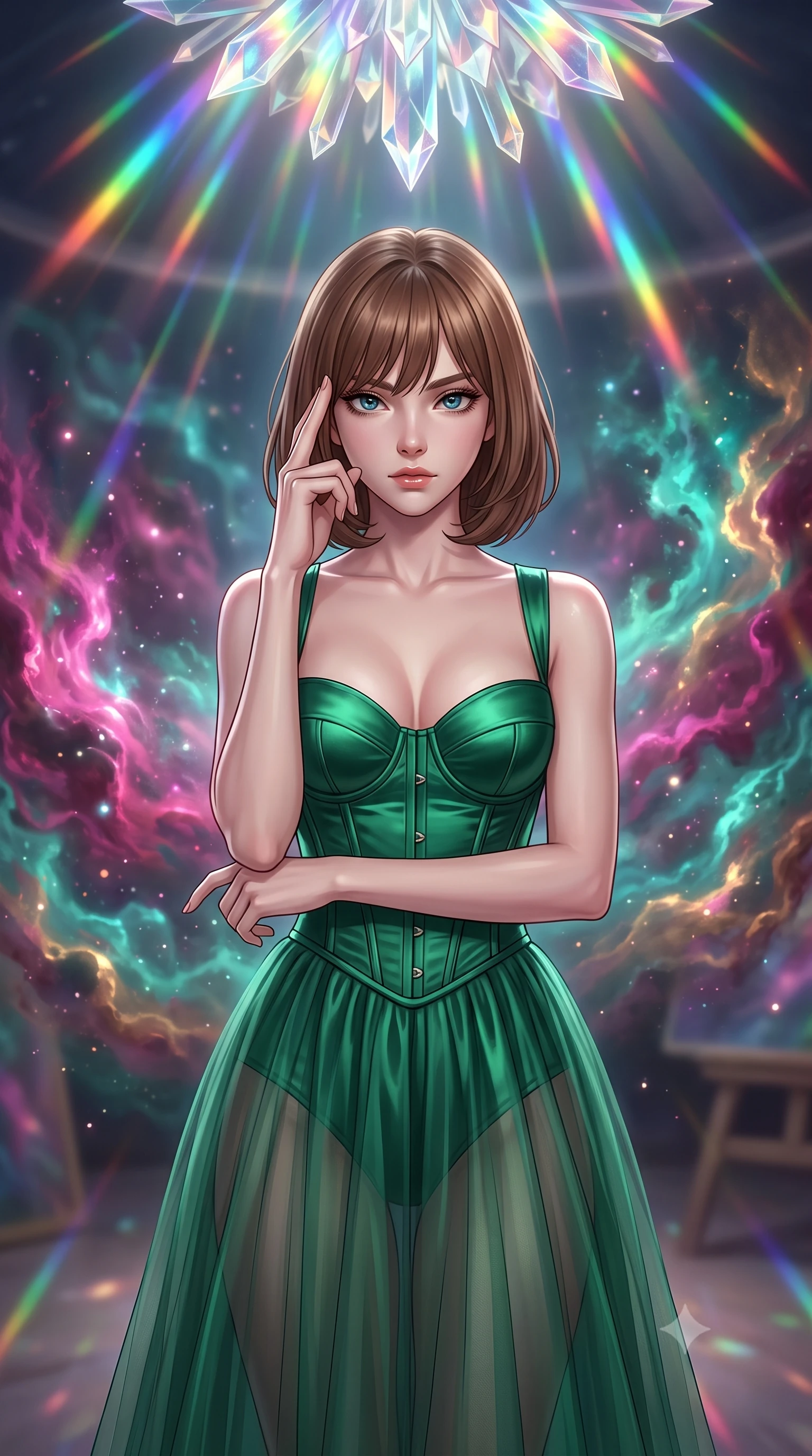 score_9, masterpiece, best quality, ultra-detailed, high-budget anime keyframe, editorial fashion photography, tasteful artistic composition, Caucasian woman, strictly human ears. close-up cowboy shot from the waist and thighs up, the character dominates the composition, filling the frame with her large presence, background elements kept in soft focus. Pressing two fingers to her temple in a composed thoughtful gesture. set against a soft-focus background of a cosmic art studio where the artist paints with actual nebula gases swirling colors of magenta teal and gold in three-dimensional space each brushstroke remaining suspended as a luminous volumetric sculpture. She has an exceptionally elegant and slender, willowy female figure with an ultra-slim waist, a gracefully sculpted slender torso, and a refined slim physique. sharp v-shaped jawline, high-bridge nose, intricate jewel-like eyes with depth, thick eyelashes, glossy lips with a natural sheen. wearing a corset-topped gown with visible structured boning in emerald green satin, paired with a floor-length sheer tulle skirt. cascading rainbow prismatic light refracting through crystal formations overhead. 2k, ultra detail, master piece, 9:16 ratio