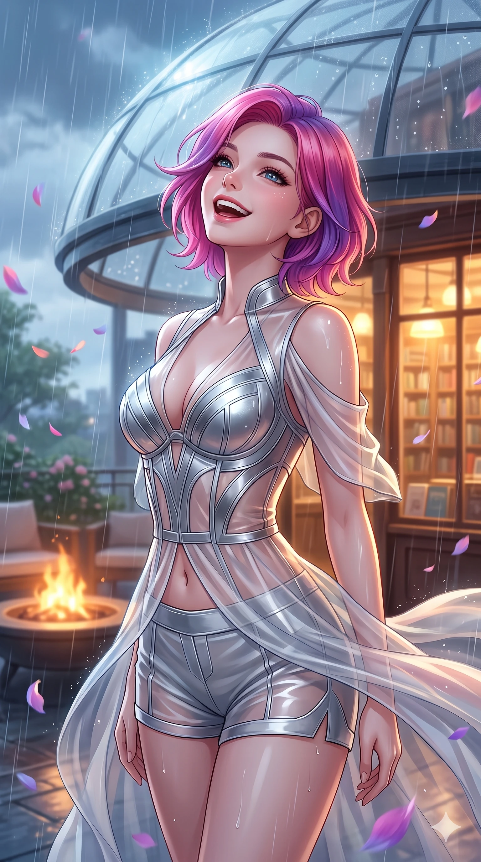 score_9, masterpiece, best quality, ultra-detailed, high-budget anime keyframe, vibrant anime aesthetic, Caucasian woman, strictly human ears. close-up cowboy shot from the waist and thighs up, the character dominates the composition, filling the frame with her large presence, background elements kept in soft focus. She is standing in a sun shower, looking up with a happy, laughing expression, gazing warmly at the viewer surrounded by delicate flower petals. the background shows a soft-focus private terrace with a warm outdoor fire pit, under a translucent canopy during a cool rain shower (Code-P22-197). She has an absolutely perfect proportion, an exceptionally elegant and slender female figure with an ultra-slim waist. V-shaped jawline, high-bridge nose, intricate jewel-like eyes with depth, thick eyelashes, glossy lips with a natural sheen. wearing a custom structured bodice combined with a delicate chiffon cover-up and shorts in silver metallic and translucent gloss. She is illuminated by warm interior lights of a retro bookstore, casting a cozy glow, casting clean highlights that trace her slim waist under the glass dome roof. 2k, ultra detail, master piece, 9:16 ratio