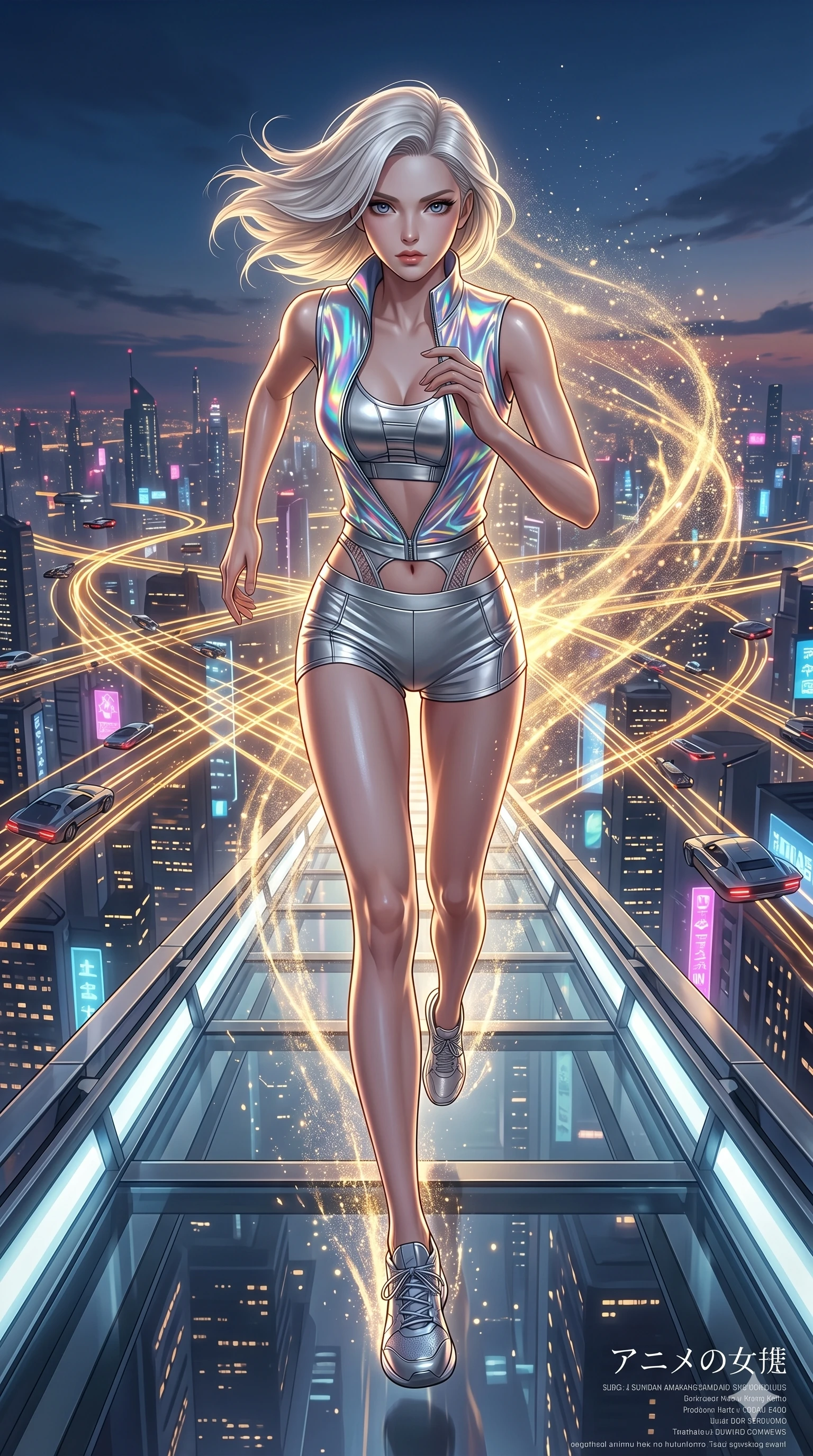 score_9, masterpiece, best quality, ultra-detailed, high-budget anime keyframe, editorial fashion photography, tasteful artistic composition, Caucasian woman, strictly human ears. low angle full-body shot from head to toe showing her feet, filling the entire 9:16 vertical frame with her statuesque presence, stretching her vertical silhouette. sprinting along on a futuristic sky bridge overlooking a sprawling neon mega-city with flying vehicles as trails of golden light follow her dynamic movement. She has an absolutely perfect 8-heads proportion, an exceptionally tall and slender female figure with impossibly long slender legs and an ultra-slim waist. V-shaped jawline, high-bridge nose, intricate jewel-like eyes with depth, thick eyelashes, glossy lips with a natural sheen.. wearing a holographic liquid silk vest and silver metallic high-waist fitted shorts, featuring a architectural waist window detail and form-fitting silhouette. illuminated by dramatic chiaroscuro casting soft shadows along her curves, with vibrant backlighting highlighting the dust particles. 2k, ultra detail, master piece, 9:16 ratio