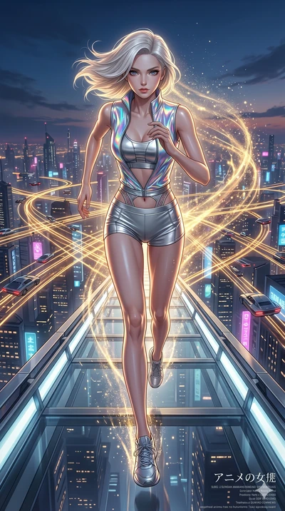 score_9, masterpiece, best quality, ultra-detailed, high-budget anime keyframe, editorial fashion photography, tasteful artistic composition, Caucasian woman, strictly human ears. low angle full-body shot from head to toe showing her feet, filling th