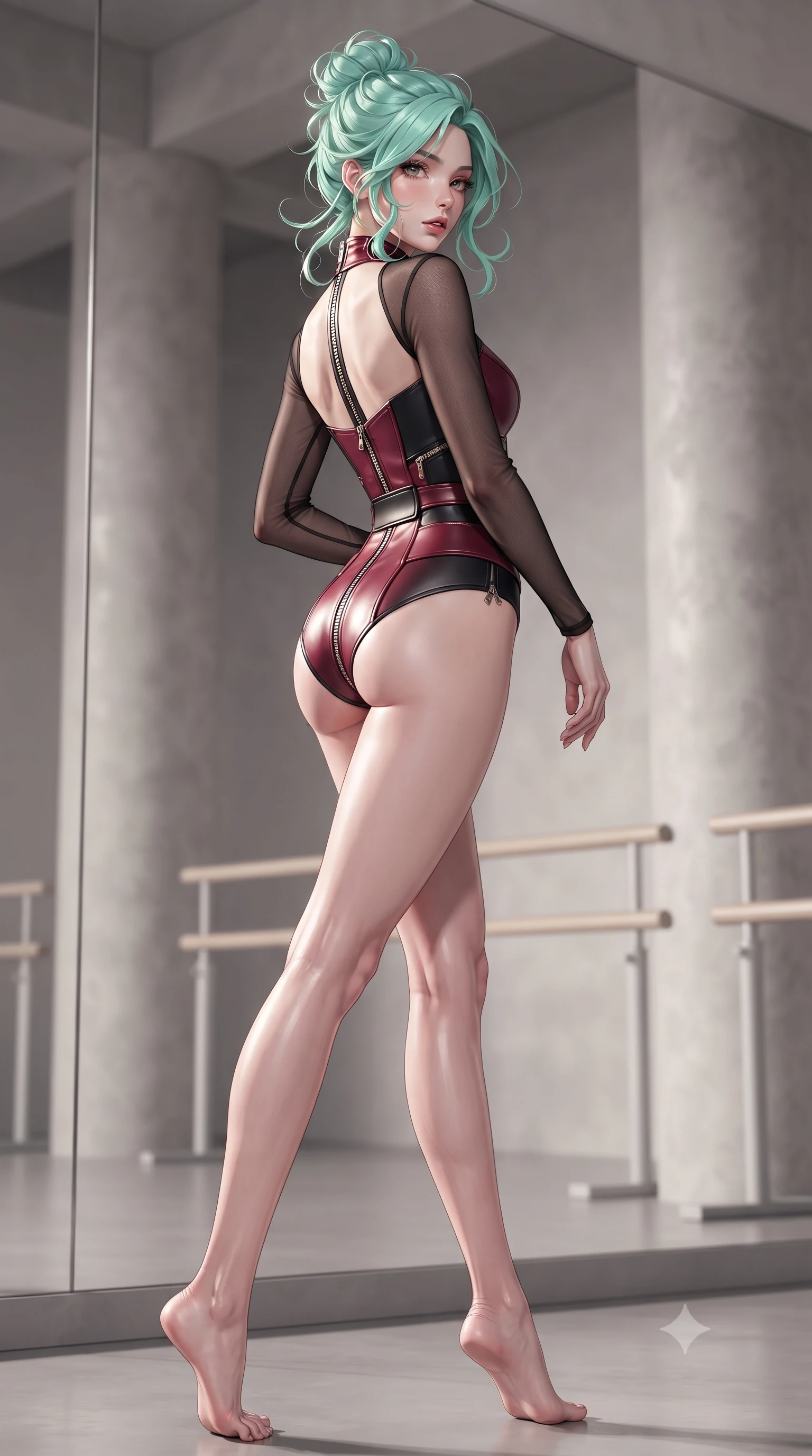 score_9, masterpiece, best quality, ultra-detailed, high-budget anime keyframe, editorial fashion photography, tasteful artistic composition, Japanese woman. low angle full-body shot from head to toe showing her feet, filling the entire 9:16 vertical frame with her statuesque presence, stretching her vertical silhouette. executing an elegant mid-motion pivot turn as garments swirl around her slender limbs, glancing over her shoulder with an intoxicating bedroom-gaze while standing with her back to the floor-to-ceiling mirror, looking over her bare shoulder with hips cocked dramatically in an alluring high-fashion stance. The composition keeps background elements in soft focus with creamy bokeh. minimalist architectural concrete pillars and barre stands softened in clean artistic depth. She has an absolutely perfect, statuesque 8.5-heads proportion, an exceptionally tall and slender model-like female figure with impossibly long slender legs, a toned flat midriff, an ultra-slim waist, and beautifully sculpted feminine hips. sharp v-shaped jawline, high-bridge nose, intricate jewel-like eyes with depth, thick eyelashes, glossy parted lips with a natural sheen, intensely captivating and seductive bedroom-eyes expression, flawlessly proportioned anatomical accuracy, strict slender model proportions, natural body alignment, perfectly sculpted long slender limbs, ultra-slim waistline, clean dynamic posture without body distortion. wearing a layered dance bodysuit with sheer mesh sleeves and form-fitting hip-cinching belt in crimson wine red and matte black, tailored from supple stretch leather with precision-stitched seams, finished with metallic zipper detailing along the spine and hips, the form-contouring material adhering flawlessly to her sculpted flat midriff and slender torso, emphasizing her long leg lines and perfectly proportioned willowy build. illuminated by crisp specular rim lights accentuating her narrow waist, curved hips, and long legs. ultra-reflective glossy finish, specular highlights, rich textural contrasts, high-contrast stereoscopic depth, volumetric dynamic lighting, 2k, ultra detail, master piece, 9:16 ratio