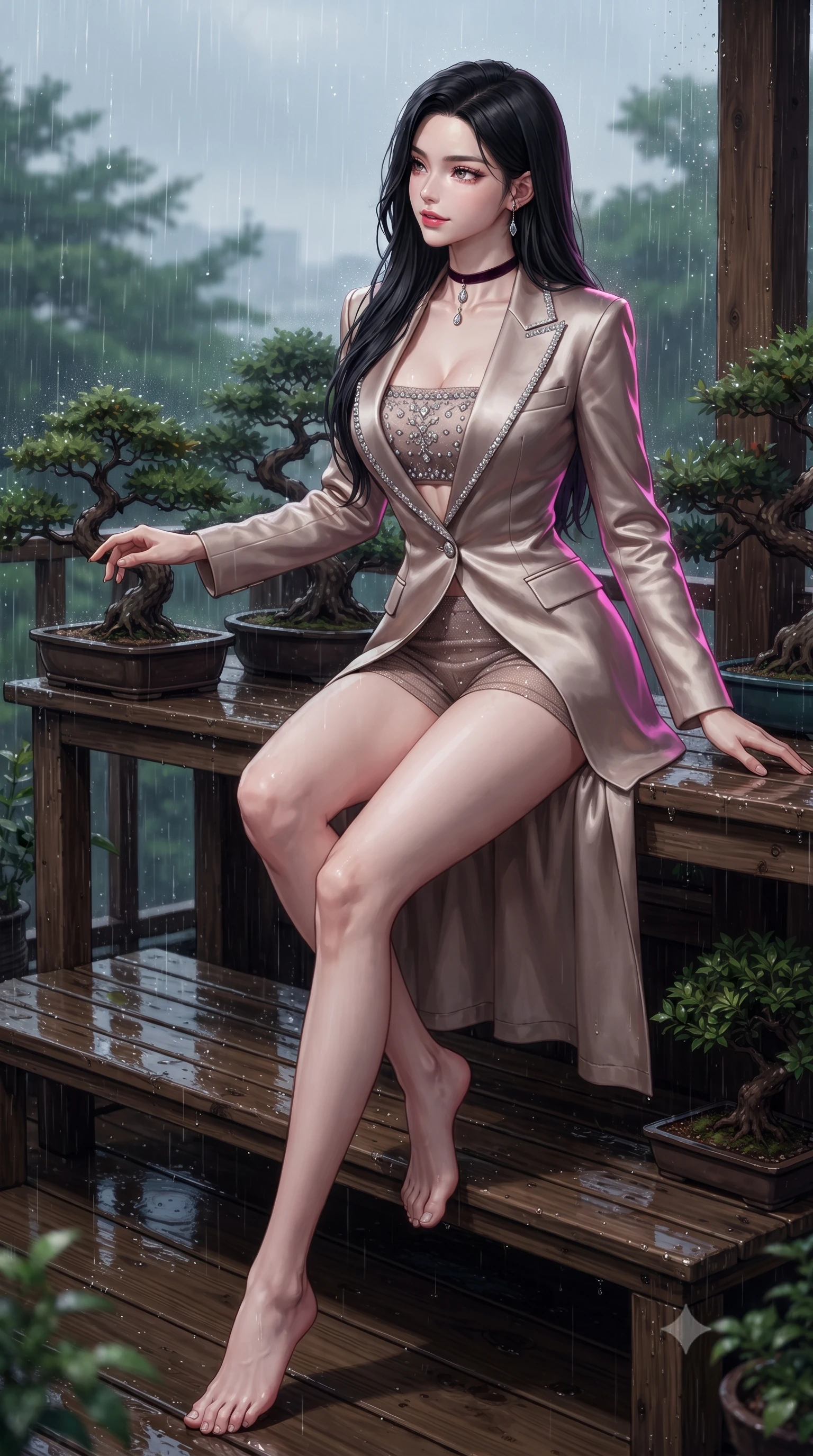 score_9, masterpiece, best quality, ultra-detailed, high-budget anime keyframe, editorial fashion photography, tasteful artistic composition, Korean woman. low angle full-body shot from head to toe showing her feet, filling the entire 9:16 vertical frame with her statuesque presence, stretching her vertical silhouette. walking along the terrace with poise, looking back over her bare shoulder with an irresistible smoldering bedroom-gaze while sitting perched on the rustic wooden potting shelf with legs crossed, resting one hand on the bonsai pot with seductive bedroom-eyes. The surrounding environment is rendered in vivid detail and crisp panoramic clarity: sharp rain stream rivulets on glass, ancient bonsai bark textures, and glowing micro-fiber needle endpoints in deep focus. She has an absolutely perfect, statuesque 8.5-heads proportion, an exceptionally tall and slender model-like female figure with impossibly long slender legs, an ultra-slim waist, a flat toned midriff, narrow delicate ribcage, and beautifully sculpted feminine hips creating a graceful, slim hourglass silhouette without any bulky heaviness. sharp v-shaped jawline, high-bridge nose, sparkling eyes with hypnotic seductive depth, thick curled eyelashes, glossy parted lips with a natural dewy peach sheen, alluring bedroom-eyes with an enchanting coquettish smile, exuding magnetic siren charisma and sophisticated glamour, flawlessly proportioned anatomical accuracy, strict slender model proportions, natural body alignment, perfectly sculpted long slender limbs, ultra-slim waistline, clean dynamic posture without body distortion. wearing a tailored open-front satin smoking jacket worn over a jewel-embellished bandeau and micro-shorts in sheer dusky champagne and glistening crystal trims, made of semi-opaque stretch illusion mesh with soft shadowy contours, finished with a thin velvet ribbon choker and a single teardrop diamond pendant, the high-slit wrap tailoring accentuating her ultra-slim waistline and the enchanting curve of her feminine hips with alluring seductive charm. illuminated by wet wooden bench reflections and sharp electric-magenta rim lights sculpting her jawline, flat midriff, and curvy hips. ultra-reflective glossy finish, specular highlights, rich textural contrasts, high-contrast stereoscopic depth, volumetric dynamic lighting, 2k, ultra detail, master piece, 9:16 ratio