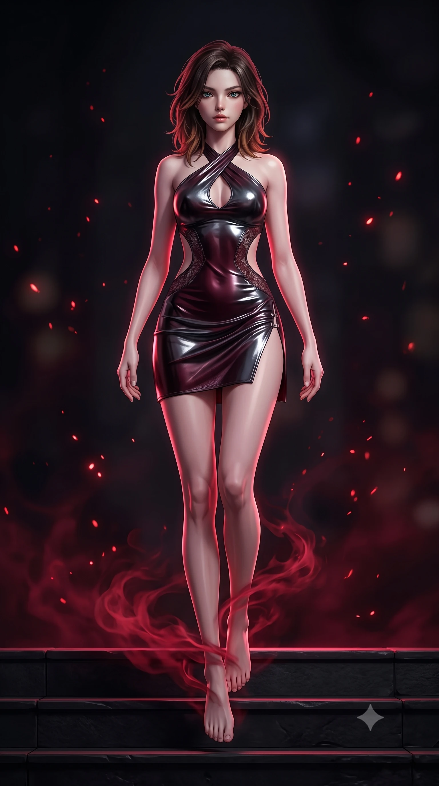score_9, masterpiece, best quality, ultra-detailed, high-budget anime keyframe, semi-realistic 3D game render, editorial fashion photography, tasteful artistic composition, Korean woman. low angle full-body shot from head to toe showing her feet, filling the entire 9:16 vertical frame with her statuesque presence, stretching her vertical silhouette. performing an alluring mid-air vault with flawless poise, looking directly into the camera with smoldering, predatory intensity while standing with sovereign authority atop black stone dais steps as swirling crimson mist coils around her slender ankles. The composition keeps background elements in soft focus with creamy bokeh. floating red ember particles scattering soft glowing glints across a shadowy background. She has an absolutely perfect, statuesque 8.5-heads proportion, an exceptionally tall and slender model-like female figure with impossibly long slender legs, a toned flat midriff, and an ultra-slim waist. sharp v-shaped jawline, high-bridge nose, intricate jewel-like eyes with depth, thick eyelashes, glossy lips with a natural sheen, flawlessly proportioned anatomical accuracy, strict slender model proportions, natural body alignment, perfectly sculpted long slender limbs, ultra-slim waistline, clean dynamic posture without body distortion. wearing a molten gunmetal liquid-metal mini dress featuring deep side-waist cutouts and a daring crossover halter neckline in deep burgundy wine and specular dark chrome, crafted from delicate dark lace interwoven with luminescent micro-fibers, finished with an ultra-high side slit secured by miniature magnetic clasps, the liquid-tight tailored fabric emphasizing every curve of her tall, slender model proportions and sculptured silhouette during dynamic movement. bathed in glowing crimson rune uplights and deep obsidian shadow contrast. rich saturated anime colors with deep moody shadows, detailed chiaroscuro shading with soft gradients, rich glossy textures, high-contrast stereoscopic depth, volumetric dynamic shadow lighting, master piece, 9:16 ratio