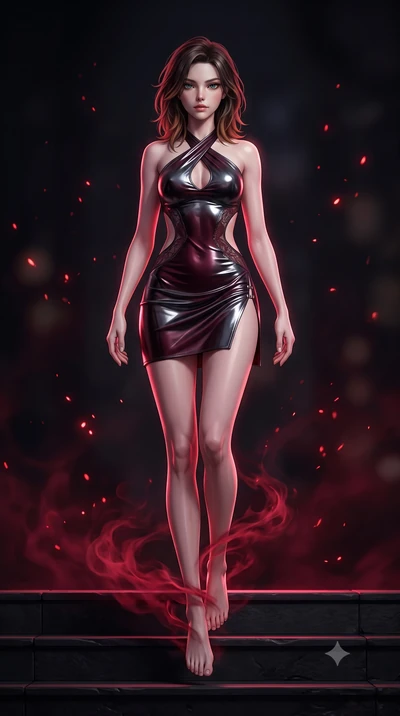 score_9, masterpiece, best quality, ultra-detailed, high-budget anime keyframe, semi-realistic 3D game render, editorial fashion photography, tasteful artistic composition, Korean woman. low angle full-body shot from head to toe showing her feet, fil