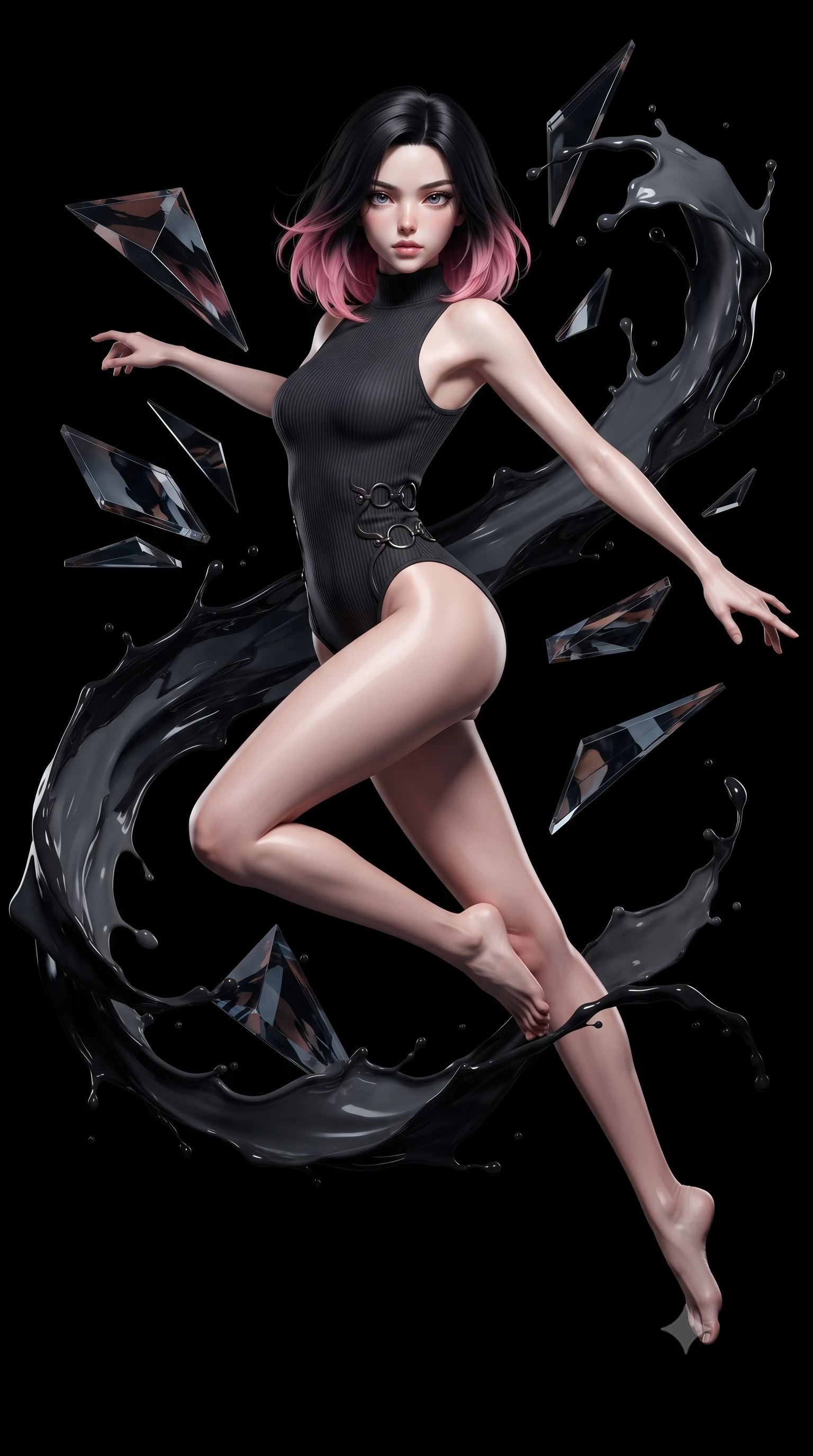 score_9, masterpiece, best quality, ultra-detailed, high-budget anime keyframe, editorial fashion photography, tasteful artistic composition, Korean woman. low angle full-body shot from head to toe showing her feet, filling the entire 9:16 vertical frame with her statuesque presence, stretching her vertical silhouette. leaping dynamically through the pitch-black void, her posture full of power and elegance, interacting with floating dark glass prisms that refract black paint reflections, dynamic paint splash trails framing her slender athletic silhouette. She has an absolutely perfect, statuesque 8.5-heads proportion, an exceptionally tall and slender model-like female figure with impossibly long slender legs and an ultra-slim waist. sharp v-shaped jawline, high-bridge nose, intricate jewel-like eyes with depth, thick eyelashes, glossy lips with a natural sheen. wearing sleek high-neck ribbed activewear bodysuit in matte black in dark charcoal gray, made of liquid dark mercury jersey, trimmed with dark chrome ring hardware along the waist contours, contouring every curve with an exceptionally elegant silhouette. lit by single intense key ray accentuating liquid paint contours. highly saturated vibrant anime colors, detailed shading with soft gradients, rich glossy textures, high-contrast stereoscopic depth, volumetric dynamic lighting, master piece, 9:16 ratio