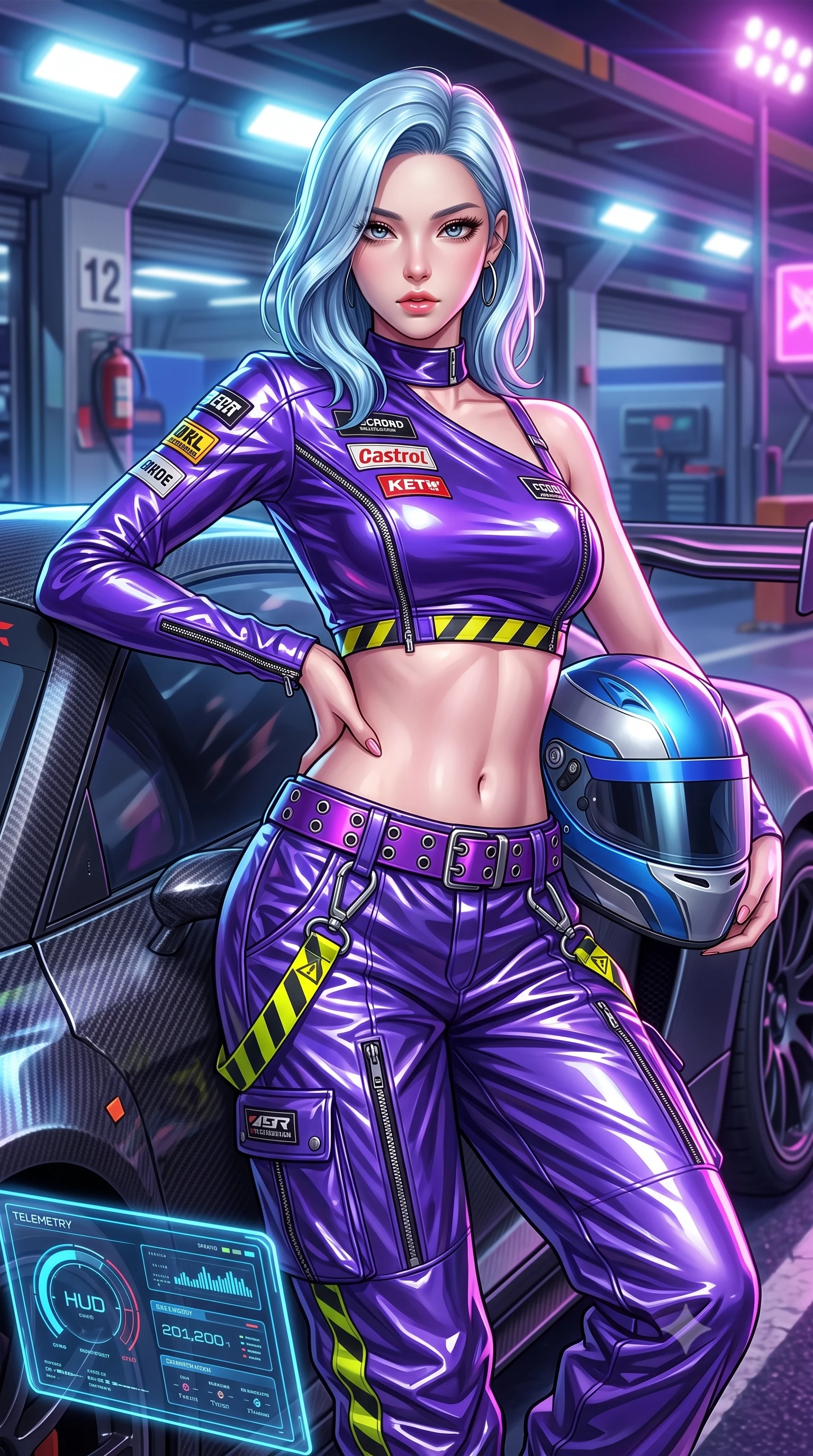 score_9, masterpiece, best quality, ultra-detailed, high-budget anime keyframe, semi-realistic 3D game render, editorial fashion photography, tasteful artistic composition, Korean woman. close-up cowboy shot from the waist and thighs up, the character dominates the composition, filling the frame with her large presence. arching her spine in an alluring serpentine S-curve, one hand resting on her waist with parted glossy lips and an intensely magnetic gaze while leaning deep against the driver's side door with hips cocked, helmet resting against her hip, smoldering gaze locking onto the lens. The surrounding environment is rendered in vivid detail and crisp panoramic clarity. detailed leather racing suit sponsor patches, zipper teeth, and glowing telemetry HUD screens in high resolution. She has an exceptionally elegant, slender, and willowy female figure with an ultra-slim waist, a gracefully sculpted slender torso, toned flat midriff, and a refined slim silhouette. sharp v-shaped jawline, high-bridge nose, intricate jewel-like eyes with depth, thick eyelashes, glossy parted lips with a natural sheen, intensely captivating and seductive expression, flawlessly proportioned anatomical accuracy, strict slender model proportions, natural body alignment, perfectly sculpted long slender limbs, ultra-slim waistline, clean dynamic posture without body distortion. wearing an asymmetric single-sleeve moto crop top paired with baggy metallic parachute trousers and grommet belt in toxic ultraviolet purple and chrome silver, tailored from high-gloss patent vinyl with sharp specular chiaroscuro, finished with high-visibility hazard warning tape details and carabiner clips, the liquid-tight tailored fabric emphasizing every curve of her tall, slender model proportions and sculptured silhouette. bathed in high-intensity xenon hypercar headlights and neon pitlane floodlights. highly saturated vibrant anime colors, detailed shading with soft gradients, rich glossy textures, high-contrast stereoscopic depth, volumetric dynamic lighting, master piece, 9:16 ratio