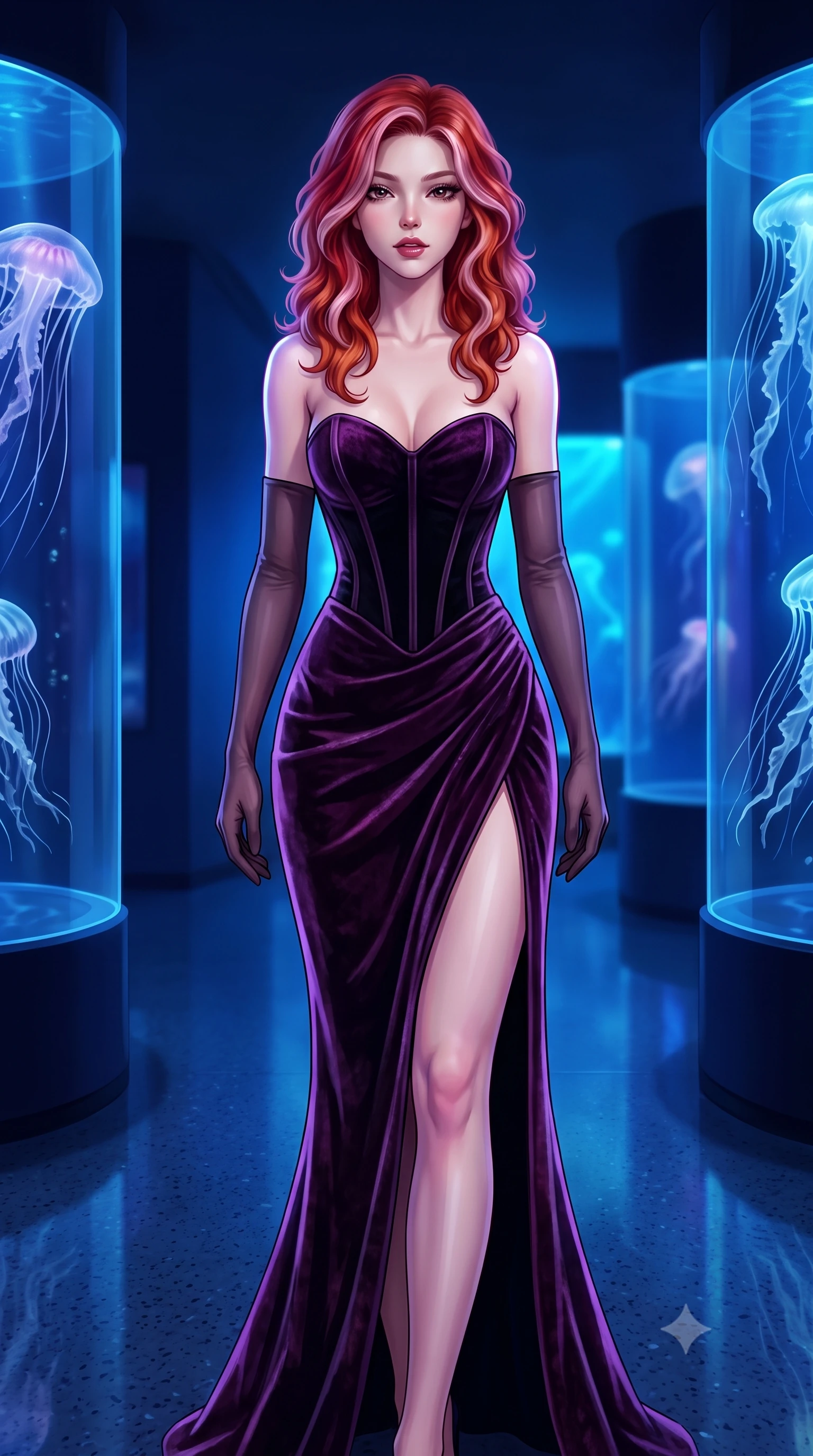 score_9, masterpiece, best quality, ultra-detailed, high-budget anime keyframe, semi-realistic 3D game render, editorial fashion photography, tasteful artistic composition, Caucasian woman. close-up cowboy shot from the waist and thighs up, the character dominates the composition, filling the frame with her large presence. tilting her chin up slightly with lips parted in a composed, sovereign expression, her body curving in an alluring S-line that accentuates her hip contour while walking slowly down the darkened blue-lit corridor with sovereign grace, her long slender legs and hourglass curves silhouetted against pulsating sea glow. The surrounding environment is rendered in vivid detail and crisp panoramic clarity. sharp jellyfish translucent tendril filaments, curved acrylic seam bevels, and polished terrazzo floor reflections in deep focus. She has an exceptionally elegant, slender, and willowy female figure with an ultra-slim waist, flat toned midriff, narrow ribcage, and sculpted feminine hips creating an alluring, slim hourglass silhouette without bulk. sharp v-shaped jawline, high-bridge nose, intricate jewel-like dark sparkling eyes with dangerous depth, thick curled eyelashes, glossy parted lips with a rich wine sheen, smoldering seductive half-smile with bedroom-eyes, exuding effortless superiority and intoxicating dark allure, flawlessly proportioned anatomical accuracy, strict slender model proportions, natural body alignment, perfectly sculpted long slender limbs, ultra-slim waistline, clean dynamic posture without body distortion. wearing a sculpted strapless velvet corset gown with an hourglass bodycon silhouette and high front leg slit in rich plum violet and deep onyx black, tailored from crushed dark velvet with deep light-absorbing plush texture, complemented by sheer dark opera gloves reaching past her elbows, the liquid-tight tailored fabric clinging flawlessly to her narrow waist and rounded feminine hips, emphasizing every millimeter of her sculpted slim hourglass curves without any bulky heaviness. illuminated by pulsating ultraviolet rim lights and caustic water reflections sharply carving her razor-sharp jawline, narrow waist, and curvy hips. highly saturated vibrant anime colors, detailed shading with soft gradients, rich glossy textures, high-contrast stereoscopic depth, volumetric dynamic lighting, master piece, 9:16 ratio
