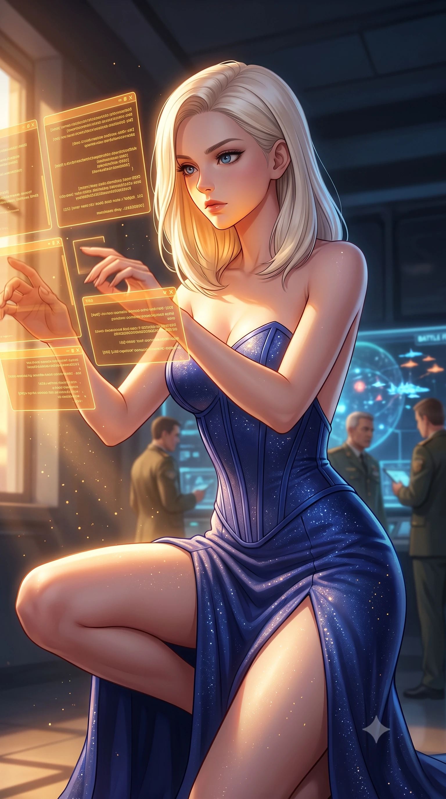 score_9, masterpiece, best quality, ultra-detailed, high-budget anime keyframe, editorial fashion photography, tasteful artistic composition, Caucasian woman, strictly human ears. close-up cowboy shot from the waist and thighs up, the character dominates the composition, filling the frame with her large presence, background elements kept in soft focus. Hacking a security terminal in a low crouch, fingers moving in a blur as amber code screens surround her. set against a soft-focus background of a dark room with a holographic starmap showing battle fleets, military commanders in soft focus. She has an exceptionally elegant and slender, willowy female figure with an ultra-slim waist, a gracefully sculpted slender torso, and a refined slim physique. sharp v-shaped jawline, high-bridge nose, intricate jewel-like eyes with depth, thick eyelashes, glossy lips with a natural sheen. wearing catching and diffusing the glowing particles, shimmering softly in response to the surrounding light, a form-contouring structured bustier gown in deep indigo blue, featuring a boned bodice, a daring high front slit, and a completely open back. highly saturated vibrant anime colors, intense vivid color palette, soft 3D volumetric shading, volumetric dynamic lighting, golden hour sunlight streaming in warm shafts with floating dust particles catching the light. 2k, ultra detail, master piece, 9:16 ratio