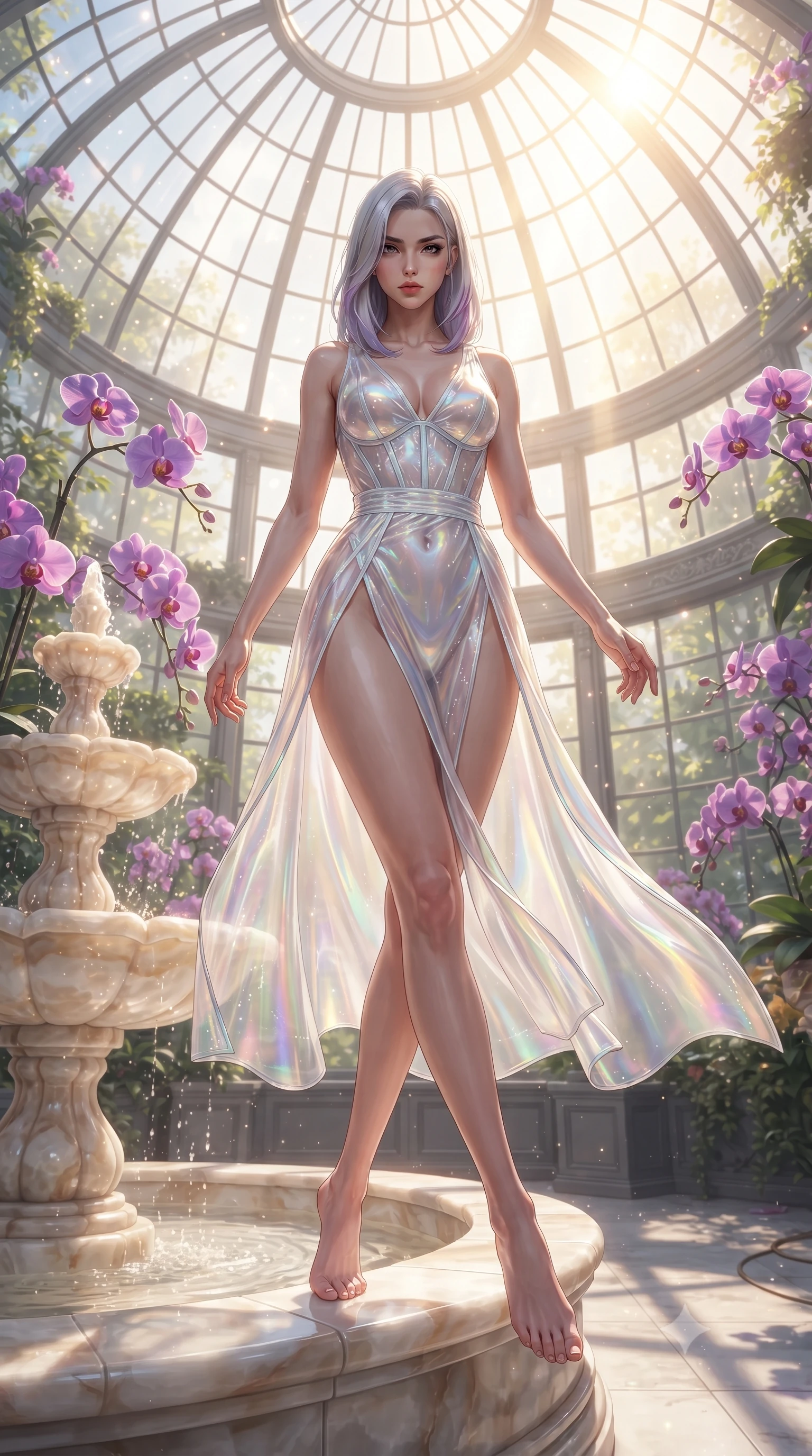 score_9, masterpiece, best quality, ultra-detailed, high-budget anime keyframe, editorial fashion photography, tasteful artistic composition, Caucasian woman. low angle full-body shot from head to toe showing her feet, filling the entire 9:16 vertical frame with her statuesque presence, stretching her vertical silhouette. performing an alluring mid-air vault with flawless poise, looking directly into the camera with smoldering intensity while standing poised on the edge of a tiered alabaster fountain surrounded by blooming purple orchids in a soaring glass greenhouse. The surrounding environment is rendered in vivid detail and crisp panoramic clarity. vibrant botanical colors and high-key luxury conservatory architecture captured with environmental precision. She has an absolutely perfect, statuesque 8.5-heads proportion, an exceptionally tall and slender model-like female figure with impossibly long slender legs, a toned flat midriff, and an ultra-slim waist. sharp v-shaped jawline, high-bridge nose, intricate jewel-like eyes with depth, thick eyelashes, glossy lips with a natural sheen, flawlessly proportioned anatomical accuracy, strict slender model proportions, natural body alignment, perfectly sculpted long slender limbs, ultra-slim waistline, clean dynamic posture without body distortion. wearing a translucent iridescent organza wrap dress with structured bustier boning, plunging neckline, and high-cut dual leg slits in glistening liquid pearl white with rainbow opalescence, tailored from semi-translucent cybernetic vinyl with glowing micro-filaments, complemented by criss-cross back straps highlighting her completely bare spine, the sleek second-skin cut tightly hugging her graceful clavicle, narrow waist, and feminine curves with athletic precision. bathed in intense volumetric golden sunbeams streaming through grand glass dome panes. ultra-reflective glossy finish, specular highlights, metallic sheen, high-contrast stereoscopic depth, volumetric dynamic lighting, 2k, ultra detail, master piece, 9:16 ratio