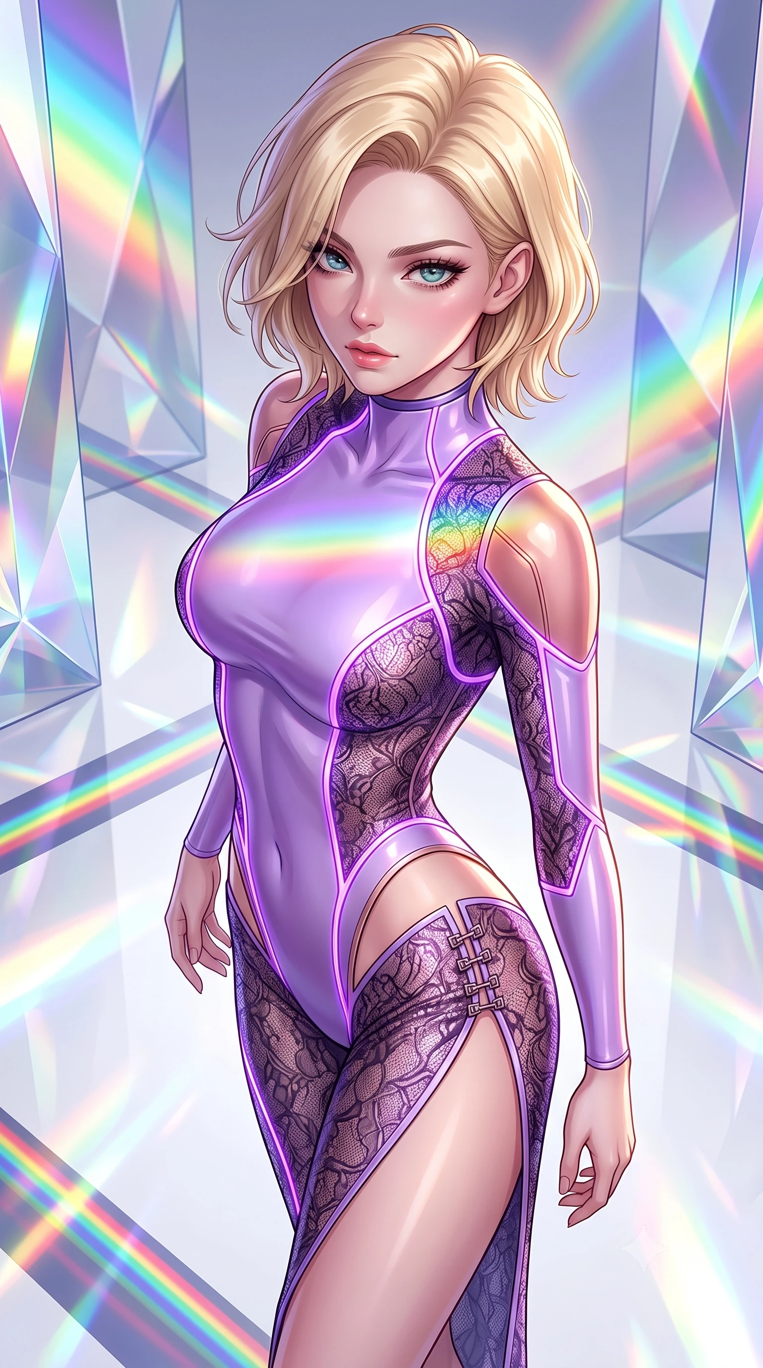 score_9, masterpiece, best quality, ultra-detailed, high-budget anime keyframe, semi-realistic 3D game render, editorial fashion photography, tasteful artistic composition, Caucasian woman. close-up cowboy shot from the waist and thighs up, the character dominates the composition, filling the frame with her large presence. gazing directly into the lens with bedroom eyes and a breathtaking, dangerous allure that commands the entire composition while pivoting dynamically on a white epoxy floor as vibrant spectrum light bands wrap around her slender figure. The surrounding environment is rendered in vivid detail and crisp panoramic clarity. razor-sharp optical crystal prism facets, distinct rainbow light band borders, and white gallery floor in deep focus. She has an exceptionally elegant, slender, and willowy female figure with an ultra-slim waist, a gracefully sculpted slender torso, toned flat midriff, and a refined slim silhouette. sharp v-shaped jawline, high-bridge nose, intricate jewel-like eyes with depth, thick eyelashes, glossy lips with a natural sheen, flawlessly proportioned anatomical accuracy, strict slender model proportions, natural body alignment, perfectly sculpted long slender limbs, ultra-slim waistline, clean dynamic posture without body distortion. wearing a skin-tight cybernetic bodysuit with glowing neon seams, deep hip cutouts, and an aerodynamic athletic fit in luminous lavender violet and rose gold, crafted from delicate dark lace interwoven with luminescent micro-fibers, finished with an ultra-high side slit secured by miniature magnetic clasps, the sleek second-skin cut tightly hugging her graceful clavicle, narrow waist, and feminine curves with athletic precision. surrounded by a hyper-creative, radiant, and fiercely chic modern fashion editorial aura. highly saturated vibrant anime colors, detailed shading with soft gradients, rich glossy textures, high-contrast stereoscopic depth, volumetric dynamic lighting, master piece, 9:16 ratio
