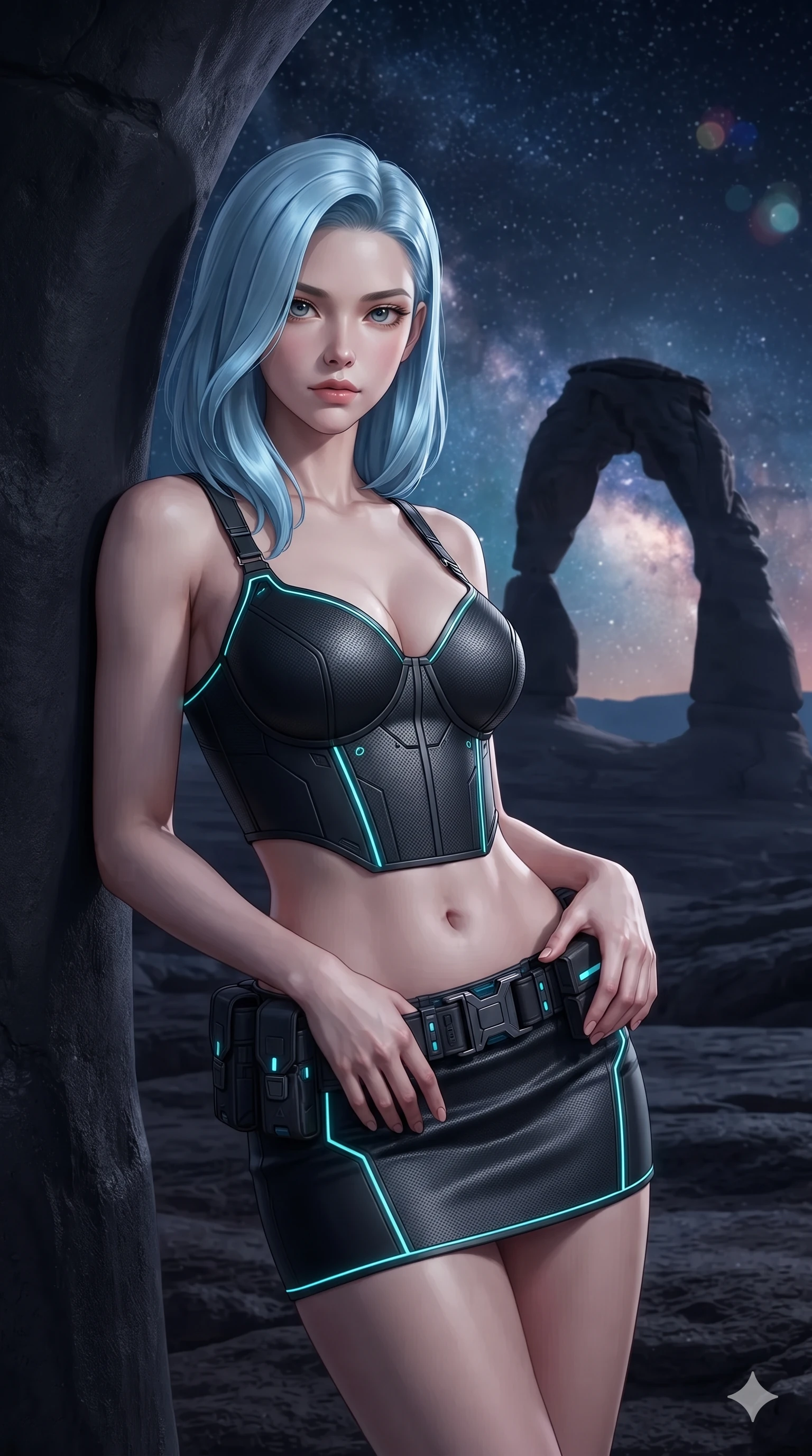score_9, masterpiece, best quality, ultra-detailed, high-budget anime keyframe, editorial fashion photography, tasteful artistic composition, Korean woman. close-up cowboy shot from the waist and thighs up, the character dominates the composition, filling the frame with her large presence. resting both hands lightly on her tactical utility belt, arching her spine to highlight her narrow waist, flat midriff, and breathtaking collarbones while leaning against the smooth curved arch pillar with hips cocked back, looking through the deep twilight void with heavy-lidded bedroom-eyes. The background shows a soft-focus monumental black stone alien arch, floating stardust clouds, and distant nebulae peeking through the atmosphere blurred into diamond, indigo, and amber bokeh. She has an exceptionally elegant, slender, and willowy female figure with an ultra-slim waist, flat toned midriff, narrow ribcage, and sculpted feminine hips creating an alluring, slim hourglass silhouette without bulk. sharp v-shaped jawline, high-bridge nose, intricate jewel-like sparkling eyes with depth, thick eyelashes, glossy parted lips with a natural sheen, bright confident smile with an enchanting and coquettish sensual glint, exuding both youthful magnetic charm and sovereign high-tech allure, flawlessly proportioned anatomical accuracy, strict slender model proportions, natural body alignment, perfectly sculpted long slender limbs, ultra-slim waistline, clean dynamic posture without body distortion. wearing a sculpted matte carbon underwire crop bustier with lace-up side ties paired with a low-rise micro skirt in matte obsidian black and glowing neon cyan trim, crafted from stretch micro-mesh with liquid foil coating that shimmers with every movement, accented with illuminated micro-fiber optic circuit threads tracing along her ribs and spine, the impeccably tailored cut draping gracefully along her slender figure with aristocratic poise. bathed in the crisp cool diamond starlight of an unpolluted alien night sky mixed with subtle warm golden sunset remnants at the horizon. ultra-reflective glossy finish, specular highlights, rich textural contrasts, high-contrast stereoscopic depth, volumetric dynamic lighting, 2k, ultra detail, master piece, 9:16 ratio