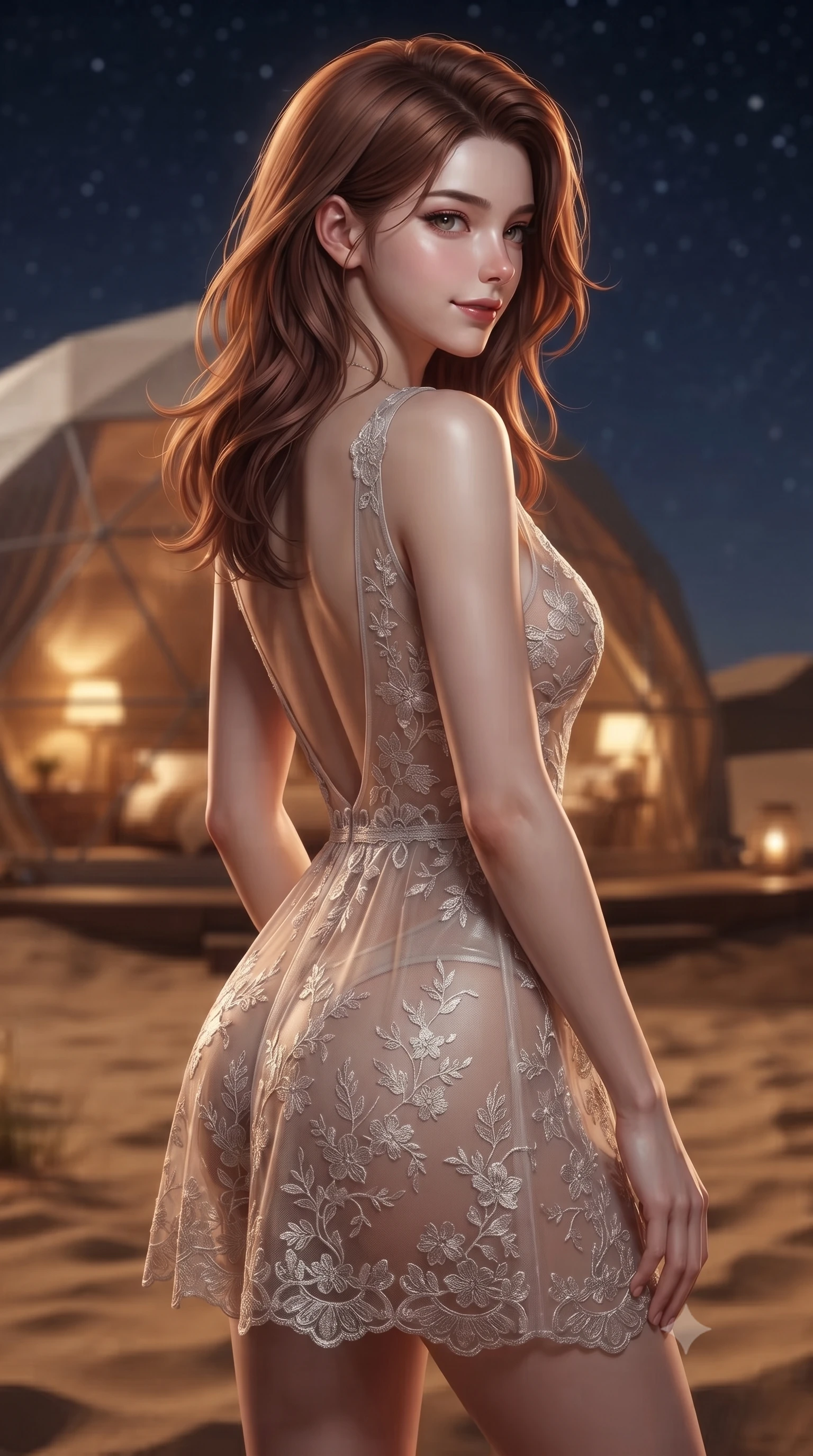 score_9, masterpiece, best quality, ultra-detailed, high-budget anime keyframe, editorial fashion photography, tasteful artistic composition, Korean woman woman. close-up cowboy shot from the waist and thighs up, the character dominates the composition, filling the frame with her large presence, background elements kept in soft focus. She has an exceptionally elegant, slender, and willowy female figure with an ultra-slim waist, a gracefully sculpted slender torso, and a refined silhouette. glancing sidelong over her shoulder with a smoldering, magnetic half-smile, flawlessly proportioned anatomical accuracy, natural body alignment, perfectly sculpted elegant limbs, clean dynamic posture without body distortion. set against a soft-focus background of a luxury eco-dome suite in a golden sand desert under stars. wearing a semi-opaque sheer overlay micro-dress with delicate floral lace embroidery and low back. bathed in cool silver starlight contrasting with warm interior amber reading lamps. ultra-reflective glossy finish, specular highlights, metallic sheen, high-contrast stereoscopic depth, volumetric dynamic lighting, 2k, ultra detail, master piece, 9:16 ratio