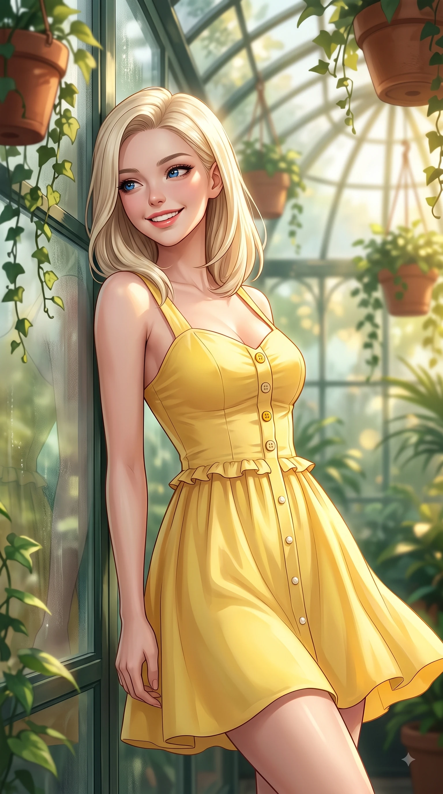 score_9, masterpiece, best quality, ultra-detailed, high-budget anime keyframe, editorial fashion photography, tasteful artistic composition, Caucasian woman. close-up cowboy shot from the waist and thighs up, the character dominates the composition, filling the frame with her large presence. Radiant youthful grin reflecting girlhood charm while casting a playful, joyful side-gaze with heavy lashes while leaning against a glass greenhouse wall surrounded by hanging terracotta flower pots and ivy. The composition keeps background elements in soft focus with dreamy bokeh. lush tropical foliage and misty glass dome panes blurred into a dreamy emerald background bokeh. She has an exceptionally elegant, slender, and willowy female figure with an ultra-slim waist, a gracefully sculpted slender torso, and a refined silhouette. sharp v-shaped jawline, high-bridge nose, intricate jewel-like eyes with depth, thick eyelashes, glossy lips with a natural sheen, flawlessly proportioned anatomical accuracy, natural body alignment, perfectly sculpted elegant limbs, clean dynamic posture without body distortion. wearing a sunny yellow cotton sundress with a sweetheart neckline and wooden button accents in bright butter yellow and fresh cream white, crafted from smooth fluid silk satin, finished with subtle ruffle trims and delicate pearl buttons, the soft airy drape swaying gracefully with her dynamic movements. bathed in bright golden sunlight filtering through conservatory glass panes. highly saturated vibrant anime colors, detailed shading with soft gradients, rich glossy textures, high-contrast stereoscopic depth, volumetric dynamic lighting, master piece, 9:16 ratio
