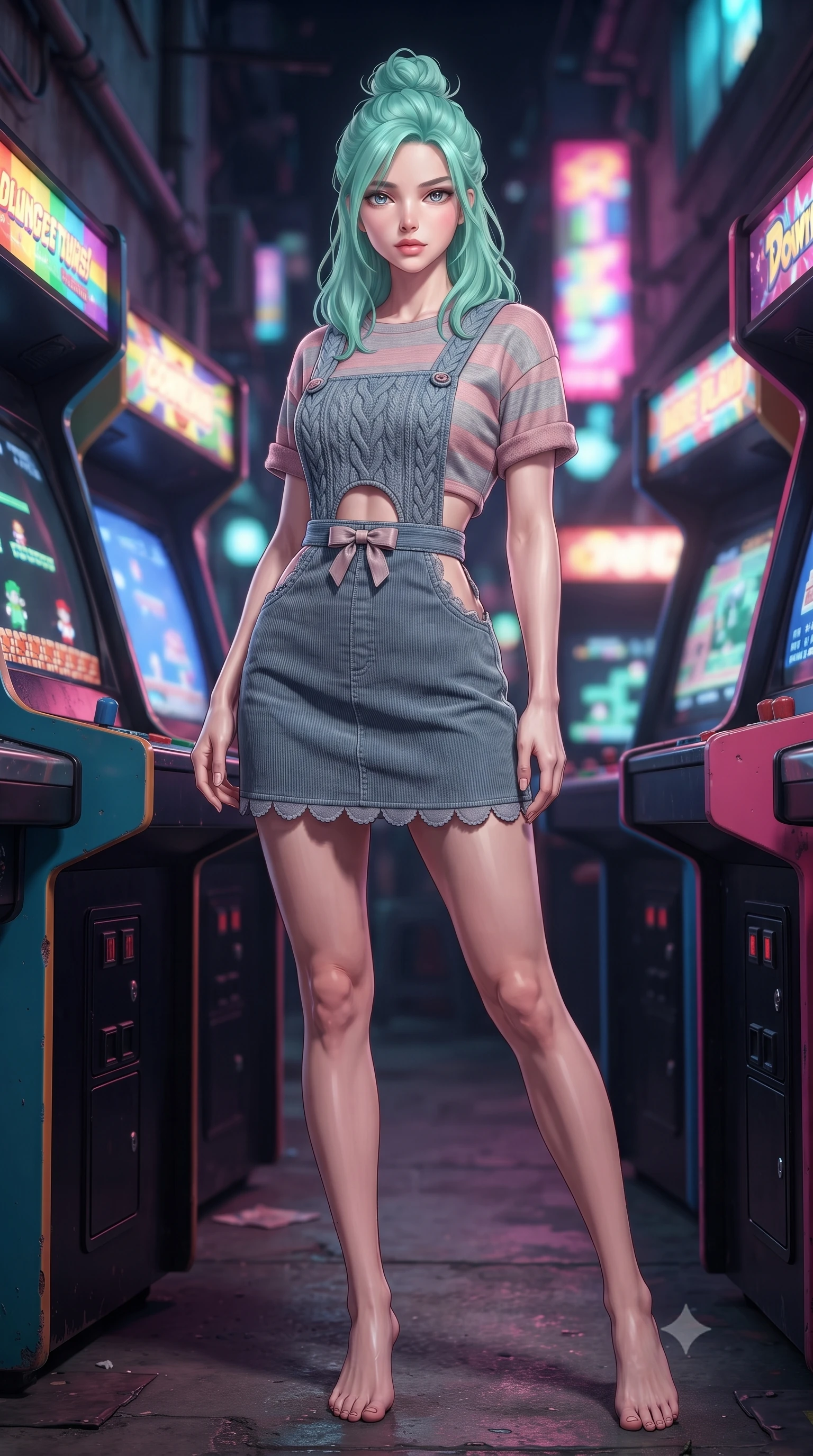 score_9, masterpiece, best quality, ultra-detailed, high-budget anime keyframe, editorial fashion photography, tasteful artistic composition, Japanese woman. low angle full-body shot from head to toe showing her feet, filling the entire 9:16 vertical frame with her statuesque presence, stretching her vertical silhouette. standing poised with one hip cocked in an alluring high-fashion pose, her tall 8.5-heads proportions dominating the scene while pivoting dynamically between colorful arcade cabinets as 8-bit CRT screens flash vibrant pixel art across her stylish outfit. The composition keeps background elements in soft focus with creamy bokeh. flashing CRT arcade screens and glowing marquee game titles blurred into radiant rainbow, electric pink, and cyan bokeh. She has an absolutely perfect, statuesque 8.5-heads proportion, an exceptionally tall and slender model-like female figure with impossibly long slender legs, a toned flat midriff, and an ultra-slim waist. sharp v-shaped jawline, high-bridge nose, intricate jewel-like eyes with depth, thick eyelashes, glossy lips with a natural sheen, captivating and magnetic expression, flawlessly proportioned anatomical accuracy, strict slender model proportions, natural body alignment, perfectly sculpted long slender limbs, ultra-slim waistline, clean dynamic posture without body distortion. wearing a vintage corduroy dungaree dress layered over a pastel striped baby-tee with rolled cuffs in dusty rose pink and vintage heather grey, knitted from soft cozy lambswool yarn with cable-knit textures, finished with a dainty waist ribbon bow and scalloped hemline trims, the precision-cut daring openings accentuating her delicate midriff, graceful bare collarbones, and ultra-slim feminine waistline. bathed in multicolored arcade screen glows and vibrant neon alleyway downlights. ultra-reflective glossy finish, specular highlights, rich textural contrasts, high-contrast stereoscopic depth, volumetric dynamic lighting, 2k, ultra detail, master piece, 9:16 ratio