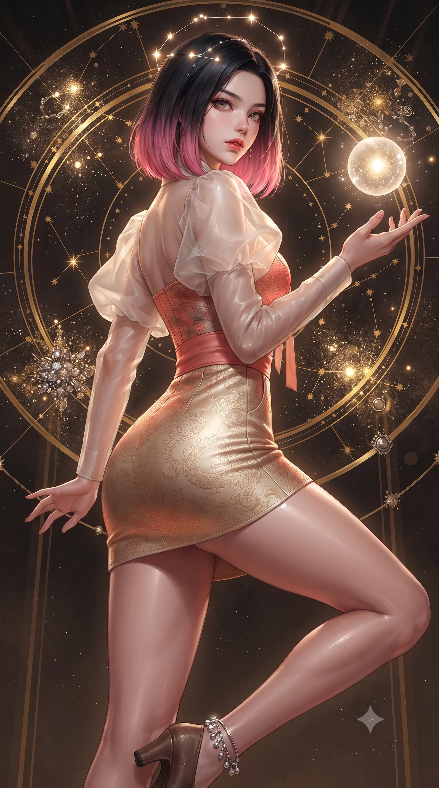 score_9, masterpiece, best quality, ultra-detailed, high-budget anime keyframe, editorial fashion photography, tasteful artistic composition, Korean woman. close-up cowboy shot from the waist and thighs up, the character dominates the composition, filling the frame with her large presence. turning over her shoulder with an indomitable, smoldering gaze, her soft hair framing her razor-sharp v-shaped jawline while reaching out gracefully toward a floating orb of starlight, her long slender legs and willowy torso extended in pure dancer poise. The surrounding environment is rendered in vivid detail and crisp panoramic clarity. detailed golden star map rings, stardust cluster formations, and metallic jewelry accents in high clarity. She has an exceptionally elegant, slender, and willowy female figure with an ultra-slim waist, a gracefully sculpted slender torso, toned flat midriff, and a refined slim silhouette. sharp v-shaped jawline, high-bridge nose, intricate jewel-like eyes with depth, thick eyelashes, glossy lips with a natural sheen, captivating and magnetic expression, flawlessly proportioned anatomical accuracy, strict slender model proportions, natural body alignment, perfectly sculpted long slender limbs, ultra-slim waistline, clean dynamic posture without body distortion. wearing a modern fusion silk hanbok dress with sheer organza butterfly sleeves and a structured mother-of-pearl bodice in sunrise coral and champagne gold, made of rich textured jacquard silk with dragon scale weave, accented with dainty silver ankle bells and a glowing constellation circlet, the glove-like aerodynamic second-skin fit tightly clinging to her ultra-slender waist and athletic curves without adding bulk, accentuating her razor-sharp statuesque lines and slim hourglass silhouette. bathed in multidirectional celestial starlight and warm golden constellation backlighting. ultra-reflective glossy finish, specular highlights, rich textural contrasts, high-contrast stereoscopic depth, volumetric dynamic lighting, 2k, ultra detail, master piece, 9:16 ratio