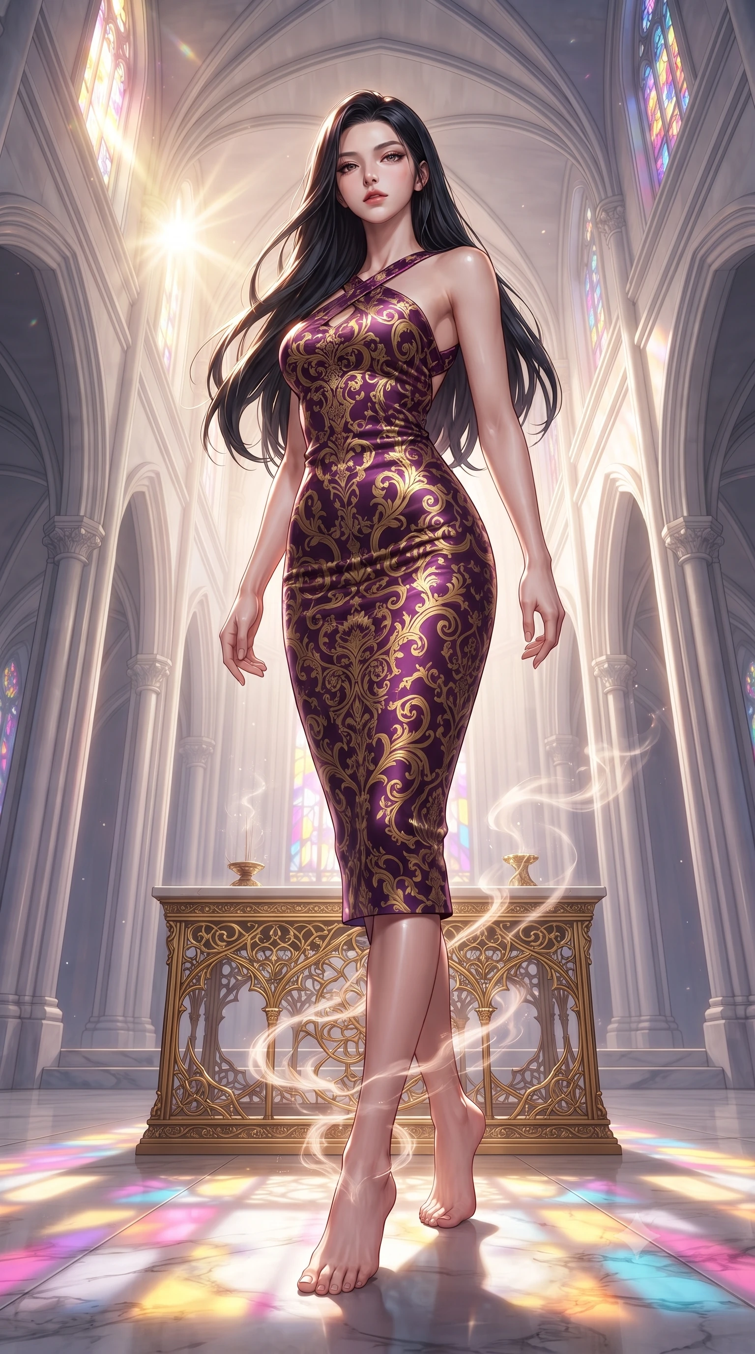 score_9, masterpiece, best quality, ultra-detailed, high-budget anime keyframe, editorial fashion photography, tasteful artistic composition, Korean woman. low angle full-body shot from head to toe showing her feet, filling the entire 9:16 vertical frame with her statuesque presence, stretching her vertical silhouette. navigating the luminous space with effortless poise, displaying her perfect model proportions poised on a golden filigree altar surrounded by glowing incense vapors, majestic vaulted ceilings rising high into a luminous atmosphere. She has an absolutely perfect, statuesque 8.5-heads proportion, an exceptionally tall and slender model-like female figure with impossibly long slender legs and an ultra-slim waist. sharp v-shaped jawline, high-bridge nose, intricate jewel-like eyes with depth, thick eyelashes, glossy lips with a natural sheen. wearing a precision-fitted liquid jersey bodycon dress with a draped back in plum purple and gold filigree, made of premium stretch velvet with a rich sheen, complemented by criss-cross back straps highlighting her bare shoulders, the elegant draped fit framing her graceful clavicle and slender torso. lit by bright sunbursts creating vivid, saturated color projections. ultra-reflective glossy finish, specular highlights, metallic sheen, high-contrast stereoscopic depth, volumetric dynamic lighting, 2k, ultra detail, master piece, 9:16 ratio