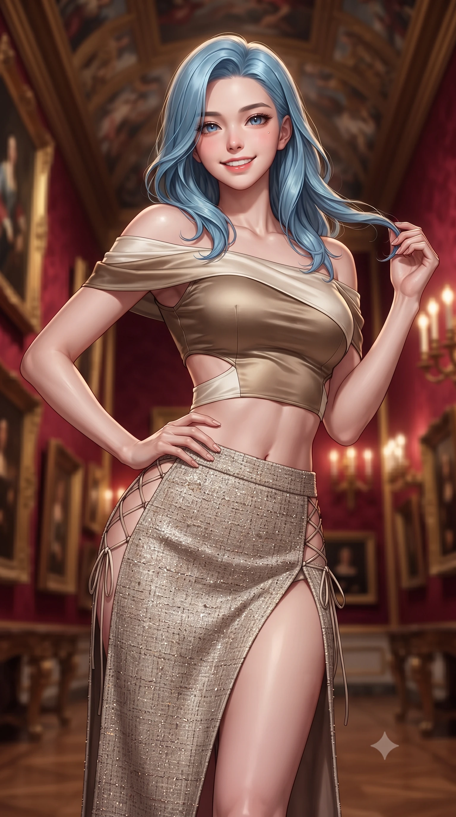 score_9, masterpiece, best quality, ultra-detailed, high-budget anime keyframe, editorial fashion photography, tasteful artistic composition, Korean woman. close-up cowboy shot from the waist and thighs up, the character dominates the composition, filling the frame with her large presence. twisting her slender torso in an alluring contrapposto stance, one hand resting on her sculpted hip while her fingers toy with her hair with effortless poise while standing centered in the monumental royal gallery surrounded by deep crimson silk damask walls hung with heavy gold-framed Renaissance masterworks, arching her lower back with sovereign charisma. The background shows a soft-focus dense gallery walls of gilded Renaissance frames, painted Pietro da Cortona ceiling frescoes, and heavy crimson silk damask blurred into ruby, ivory, and gold bokeh. She has an exceptionally elegant, slender, and willowy female figure with an ultra-slim waist, flat toned midriff, narrow ribcage, and sculpted feminine hips creating an alluring, slim hourglass silhouette without bulk. sharp v-shaped jawline, high-bridge nose, intricate jewel-like sparkling eyes with depth, thick eyelashes, glossy parted lips with a natural peach sheen, bright cheerful beaming smile with an enchanting and coquettish sensual glint, exuding both youthful cute charm and seductive allure, flawlessly proportioned anatomical accuracy, strict slender model proportions, natural body alignment, perfectly sculpted long slender limbs, ultra-slim waistline, clean dynamic posture without body distortion. wearing an alluring off-the-shoulder crop top with asymmetrical side-torso cutouts and a high-slit wrap skirt in antique bronze copper and dewy ivory silk, woven from structured British tweed with subtle metallic flecks, featuring fine criss-cross lace-up side ties revealing tantalizing glimpses of her hip curve, the precision-cut side openings and low-back scoop framing her graceful spine and the sensual sweep of her slim, toned hips. bathed in the warm intimate 2500K golden illumination of wall candelabra sconces dimmed to an evening gala ambiance. ultra-reflective glossy finish, specular highlights, rich textural contrasts, high-contrast stereoscopic depth, volumetric dynamic lighting, 2k, ultra detail, master piece, 9:16 ratio