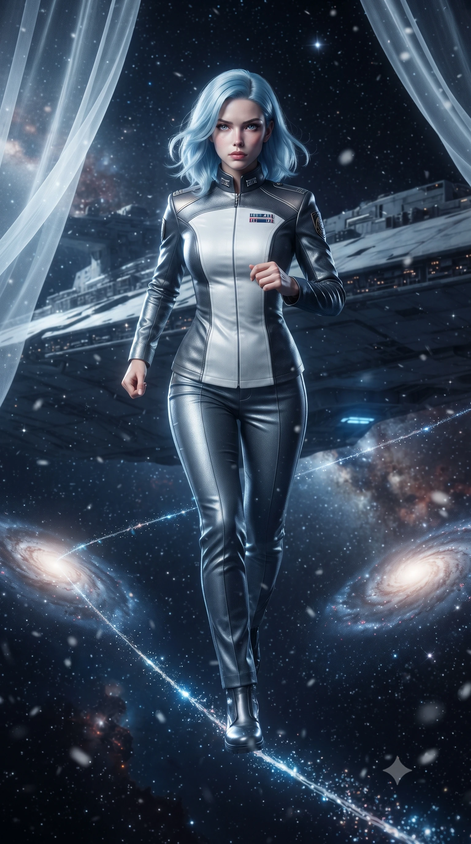 score_9, masterpiece, best quality, ultra-detailed, high-budget anime keyframe, editorial fashion photography, tasteful artistic composition, realistic cosplay photography, Korean woman. low angle full-body shot from head to toe showing her feet, filling the entire 9:16 vertical frame with her statuesque presence, stretching her vertical silhouette. running along the outer hull of a giant starship in zero gravity, magnetic boots clinging to a thin strand of glowing intergalactic gas connecting two galaxies, space dust floating like snow. She has a statuesque 8.5-heads proportion, an exceptionally tall, slender and willowy model-like build with impossibly long legs and a highly sculpted ultra-slim waist. sharp v-shaped jawline, high-bridge nose, intricate jewel-like eyes with depth, thick eyelashes, glossy lips with a natural sheen. wearing catching and diffusing the glowing particles, shimmering softly in response to the surrounding light, a body-hugging orbital colony command uniform in dark grey and white paneling, featuring a high collar with rank pins and matching tailored trousers. cold silver moonlight filtered through translucent gossamer curtains casting delicate shadows. ultra-reflective glossy finish, specular highlights, metallic sheen, high-contrast stereoscopic depth, volumetric dynamic lighting, 2k, ultra detail, master piece, 9:16 ratio
