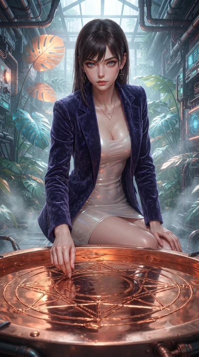 score_9, masterpiece, best quality, ultra-detailed, High-budget Anime Keyframe, editorial fashion photography, tasteful artistic composition, realistic cosplay photography, East Asian woman. Low angle cowboy shot filling the entire 9:16 frame with he
