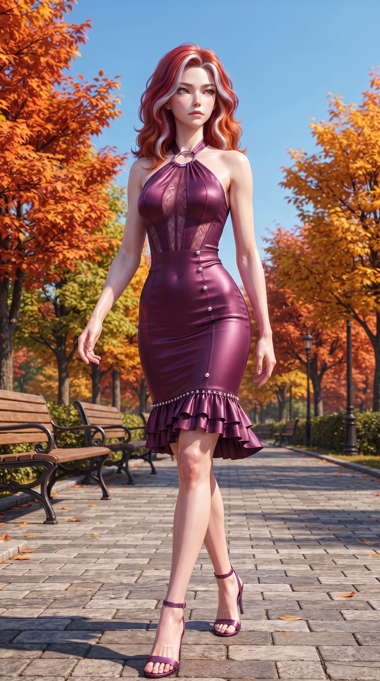 score_9, masterpiece, best quality, ultra-detailed, high-budget anime keyframe, editorial fashion photography, tasteful artistic composition, Caucasian woman. close-up cowboy shot from the waist and thighs up, the character dominates the composition, filling the frame with her large presence. Cool disdainful expression looking past the camera with effortless superiority and a stoic facial line while stepping along a paved park path flanked by vibrant autumn trees under a clear blue sky. The surrounding environment is rendered in vivid detail and crisp panoramic clarity. intricate leaf vein textures, classic wooden park benches, and stone park paths in sharp resolution. She has an exceptionally elegant, slender, and willowy female figure with an ultra-slim waist, a gracefully sculpted slender torso, and a refined silhouette. sharp v-shaped jawline, high-bridge nose, intricate jewel-like eyes with depth, thick eyelashes, glossy lips with a natural sheen, flawlessly proportioned anatomical accuracy, natural body alignment, perfectly sculpted elegant limbs, clean dynamic posture without body distortion. wearing a rich plum purple halter-neck silk dress with silver ring hardware in rich plum violet and metallic platinum, made of fine lace weave and soft satin jersey, accented with delicate pearl buttons and refined ruffle trims, the form-contouring material accentuating her ultra-slim waist and long lines. surrounded by a crisp, romantic, and vibrant autumn editorial atmosphere. ultra-reflective glossy finish, specular highlights, metallic sheen, high-contrast stereoscopic depth, volumetric dynamic lighting, 2k, ultra detail, master piece, 9:16 ratio