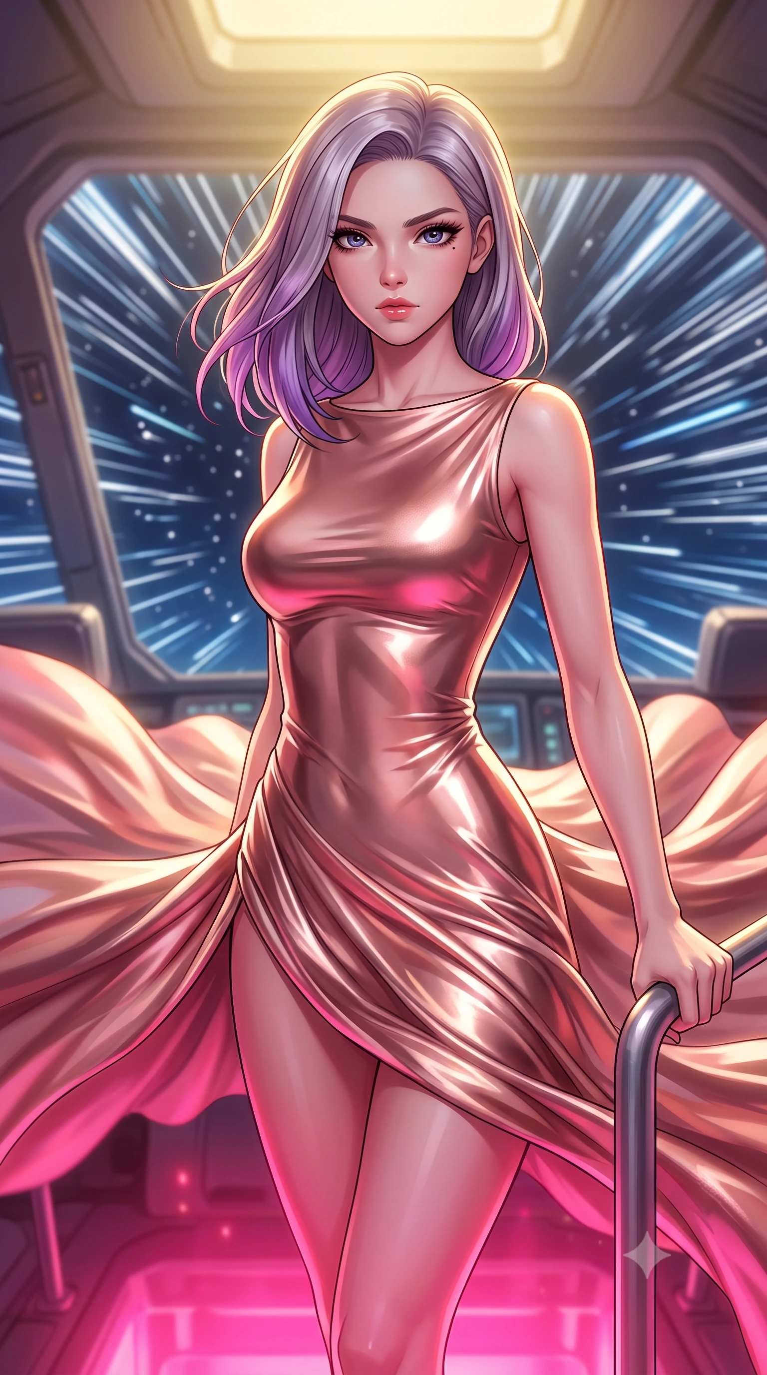 score_9, masterpiece, best quality, ultra-detailed, high-budget anime keyframe, editorial fashion photography, tasteful artistic composition, Caucasian woman, strictly human ears. close-up cowboy shot from the waist and thighs up, the character dominates the composition, filling the frame with her large presence, background elements kept in soft focus. Bracing against the hull decompression wind, her expression resolute and hand gripping a metal safety rail. set against a soft-focus background of the cockpit of a ship during hyperdrive, stars outside stretched into long streaks of white and blue light through the window. She has an exceptionally elegant and slender, willowy female figure with an ultra-slim waist, a gracefully sculpted slender torso, and a refined slim physique. sharp v-shaped jawline, high-bridge nose, intricate jewel-like eyes with depth, thick eyelashes, glossy lips with a natural sheen. wearing the lightweight fabric rippling and billowing dramatically with her movement, a tailored liquid metallic rose gold evening gown with a high boat neckline, flowing like liquid metal along her statuesque slender frame. highly saturated vibrant anime colors, intense vivid color palette, soft 3D volumetric shading, volumetric dynamic lighting, dramatic contrast of hot pink furnace glow from below and cool golden light from above. 2k, ultra detail, master piece, 9:16 ratio