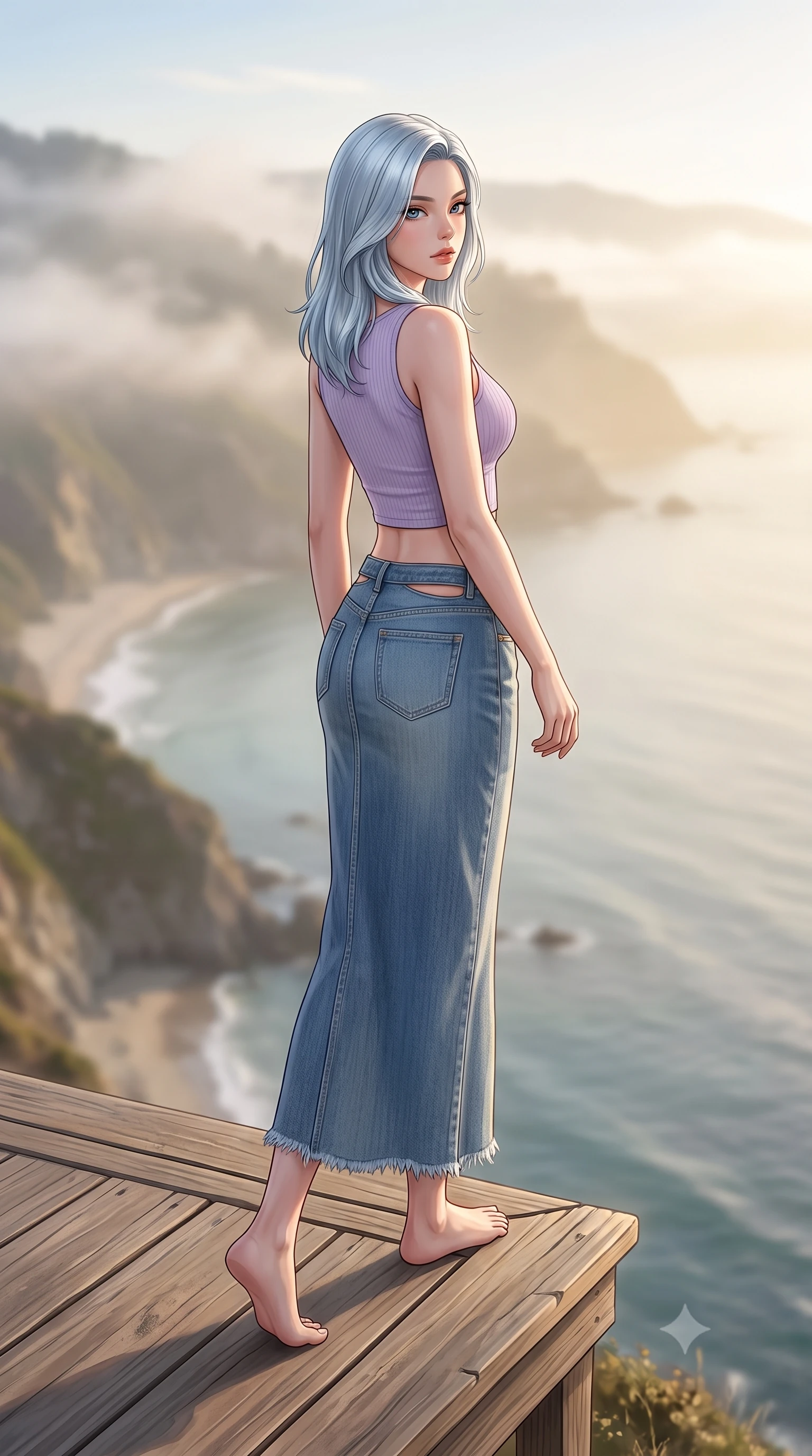 score_9, masterpiece, best quality, ultra-detailed, high-budget anime keyframe, editorial fashion photography, tasteful artistic composition, Korean woman woman. low angle full-body shot from head to toe showing her feet, filling the entire 9:16 vertical frame with her statuesque presence, stretching her vertical silhouette. stepping gracefully while looking back over her shoulder, her dress draped tightly to reveal her silhouette the background shows a soft-focus a wooden viewing deck perched on a high cliff overlooking a misty coastal bay. She has an absolutely perfect, statuesque 8.5-heads proportion, an exceptionally tall and slender model-like female figure with impossibly long slender legs and an ultra-slim waist. sharp v-shaped jawline, high-bridge nose, intricate jewel-like eyes with depth, thick eyelashes, glossy lips with a natural sheen. wearing a slim-fit modern crop top in lavender cotton paired with a low-rise denim skirt and a subtle waist cut-out. soft morning mist diffusing the golden sunlight, creating a dreamy glow. 2k, ultra detail, master piece, 9:16 ratio