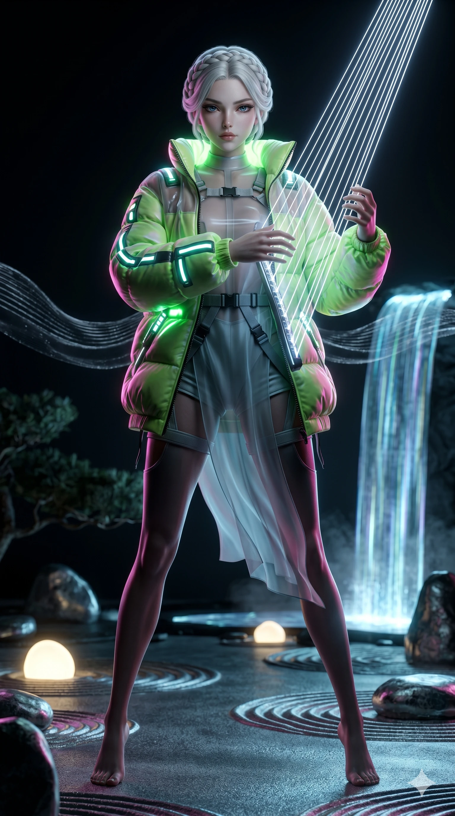 score_9, masterpiece, best quality, ultra-detailed, Photorealistic 8k CG, masterpiece, hyper-realistic SSS skin texture, cinematic ray-tracing, every pore and strand of hair rendered with extreme precision, 8k resolution, Korean woman with idol-like refined features. Dynamic full-body shot stretching the vertical silhouette, capturing her from a powerful low-angle perspective. Playing a celestial harp made of strings of pure light, the music creating ripples in the atmosphere around her. She has an absolutely perfect 8-heads proportion, an exceptionally tall and slender female figure with impossibly long slender legs and an ultra-slim waist, her statuesque height and towering silhouette dominating the vertical 9:16 frame. Her face is a masterpiece featuring a sharp v-shaped jawline, high-bridge nose, intricate jewel-like eyes with depth, thick eyelashes, and glossy lips with a natural sheen. She is wearing a Oversized puffer jacket worn over a stylish shorts and harness set, unzipped to reveal her chest crafted from Sheer silk that is translucent, flowing like water around her statuesque frame, with integrated neon-lit tactical gear and suggestive cutouts on the thighs. The scene is set in a serene Zen garden with metallic sand, glowing stones, and a holographic waterfall, illuminated by harsh neon light and deep shadows creating a high-contrast noir aesthetic. 2k, ultra detail, master piece, 9:16 ratio