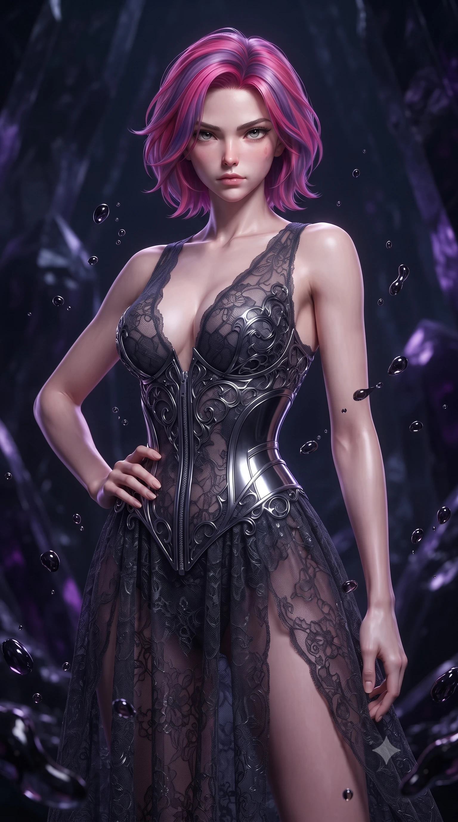 score_9, masterpiece, best quality, ultra-detailed, high-budget anime keyframe, editorial fashion photography, tasteful artistic composition, Caucasian woman. close-up cowboy shot from the waist and thighs up, the character dominates the composition, filling the frame with her large presence, background elements kept in soft focus. Holding a confident power pose with one hand on her hip, inside a subterranean obsidian crystal cavern submerged in total darkness, dark liquid crystal droplets frozen in zero gravity around her form. She has an exceptionally elegant, slender, and willowy female figure with an ultra-slim waist, a gracefully sculpted slender torso, and a refined silhouette. sharp v-shaped jawline, high-bridge nose, intricate jewel-like eyes with depth, thick eyelashes, glossy lips with a natural sheen. wearing gothic nebula sheer dark lace gown with plunging neckline in dark charcoal gray, made of sculpted obsidian metallic chrome, finished with metallic silver boning and sleek zipper points, the fitted fabric emphasizing her ultra-slim waist. illuminated by bioluminescent dark violet crystal glow piercing deep abyssal shadows. highly saturated vibrant anime colors, detailed shading with soft gradients, rich glossy textures, high-contrast stereoscopic depth, volumetric dynamic lighting, master piece, 9:16 ratio