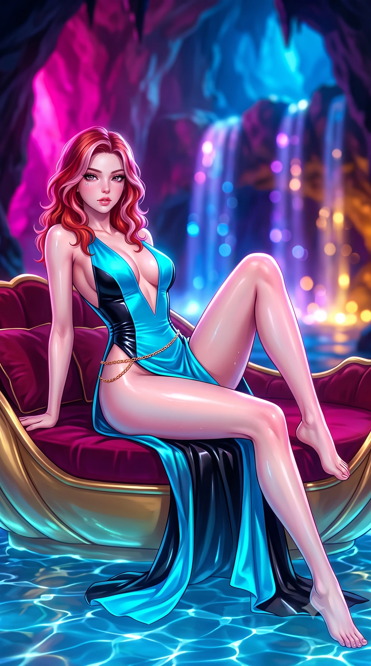 score_9, masterpiece, best quality, ultra-detailed, high-budget anime keyframe, semi-realistic 3D game render, editorial fashion photography, tasteful artistic composition, Caucasian woman. low angle full-body shot from head to toe showing her feet, filling the entire 9:16 vertical frame with her statuesque presence, stretching her vertical silhouette. reclining on her side in an elegant Cleopatra pose with one knee drawn up, the dramatic contour of her rounded hips and long slender legs commanding the 9:16 vertical frame while sitting poised on the velvet cushions of the gilded shell barge with legs crossed, her long slender legs and narrow waist glowing in vibrant colored cave lights. The composition keeps background elements in soft focus with creamy bokeh. theatrical magenta and azure cave floodlights and cascading artificial waterfalls blurred into glowing sapphire, amethyst, and molten gold bokeh. She has an exceptionally tall and slender model-like 8.5-heads proportion, an ultra-slim waist, a flat toned midriff, narrow delicate ribcage, and beautifully sculpted feminine hips creating a graceful, slim hourglass silhouette without any bulky heaviness, with impossibly long slender legs. sharp v-shaped jawline, high-bridge nose, intricate jewel-like eyes with depth, thick eyelashes, glossy parted lips with a natural sheen, intensely captivating and seductive bedroom-eyes expression, flawlessly proportioned anatomical accuracy, strict slender model proportions, natural body alignment, perfectly sculpted long slender limbs, ultra-slim waistline, clean dynamic posture without body distortion. wearing a plunging-V neckline duchess satin gown with high side slits ascending to the high hip in neon electric cyan and lacquer black, tailored from second-skin aerodynamic stretch vinyl with specular wet sheen, accented with a delicate gold chain belt resting loosely on her curvy hips, the second-skin form-contouring cut accentuating her sculpted flat midriff, narrow delicate ribcage, and gracefully curvy hips with supermodel precision. illuminated by shimmering pool water caustics sharply sculpting her razor-sharp jawline, narrow waist, and curvy hips. highly saturated vibrant anime colors, detailed shading with soft gradients, rich glossy textures, high-contrast stereoscopic depth, volumetric dynamic lighting, master piece, 9:16 ratio