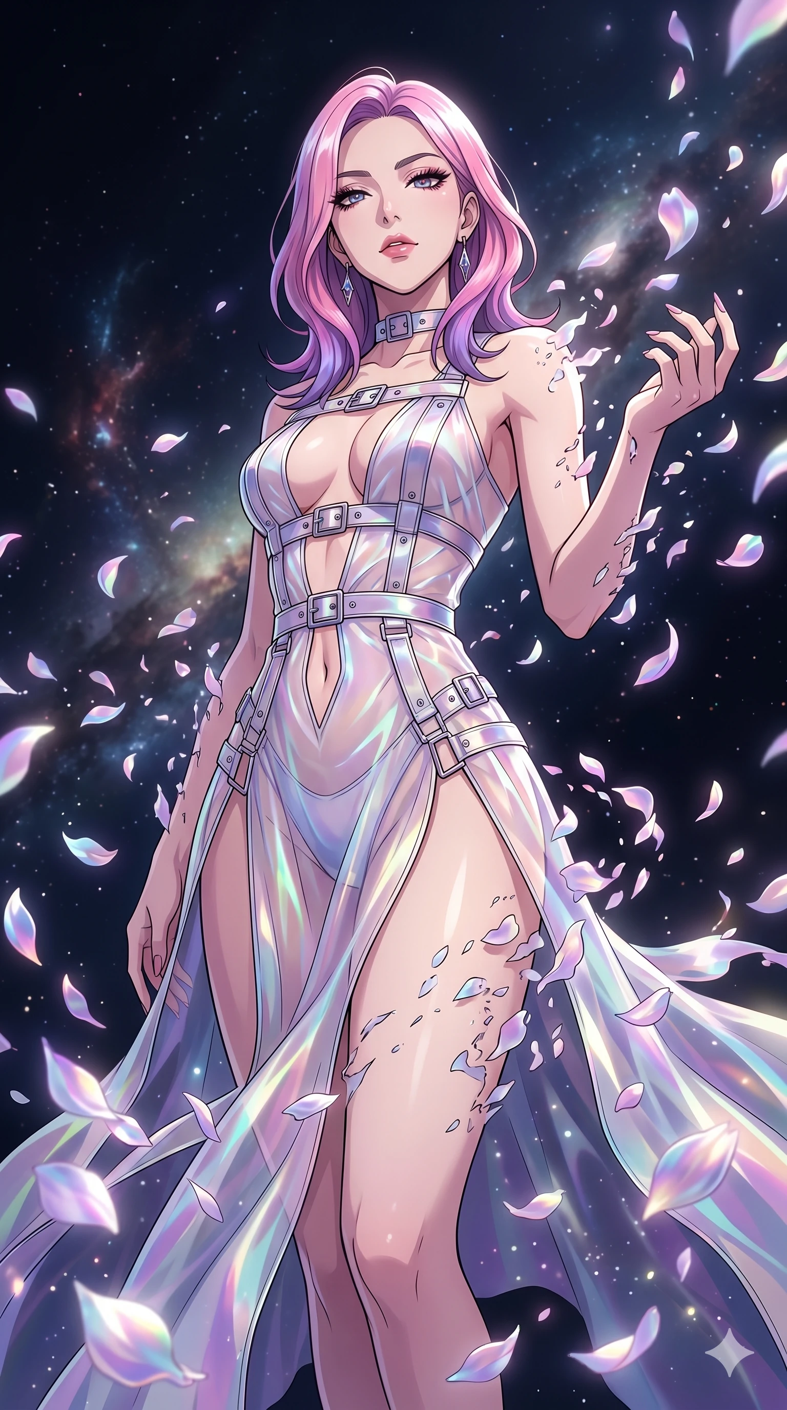 score_9, masterpiece, best quality, ultra-detailed, High-budget Anime Keyframe, East Asian woman. Low angle cowboy shot filling the entire 9:16 frame with her statuesque presence. Scenario 1: Dissolving into a cloud of iridescent silk petals in a void. Her presence is magnetic and overpowering in this high-budget anime scene. Outfit 1: A sheer organza dangerous with a high-cut leg line and metallic buckles. The clothing is designed to emphasize her exceptionally tall and slender 8-heads proportion. 8-heads proportion, towering silhouette, ultra-slim waist. sharp v-shaped jawline, intricate jewel-like eyes with depth, thick eyelashes, glossy lips. 2k, ultra detail, master piece, 9:16 ratio