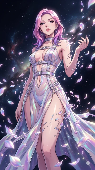 score_9, masterpiece, best quality, ultra-detailed, High-budget Anime Keyframe, East Asian woman. Low angle cowboy shot filling the entire 9:16 frame with her statuesque presence. Scenario 1: Dissolving into a cloud of iridescent silk petals in a voi
