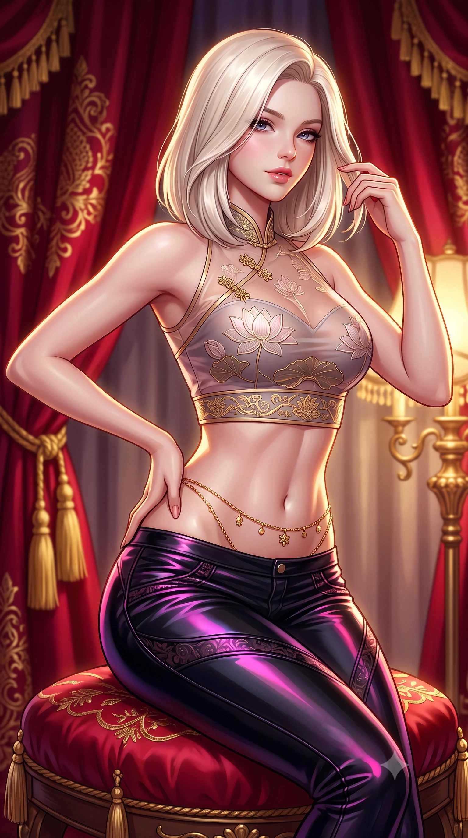 score_9, masterpiece, best quality, ultra-detailed, high-budget anime keyframe, semi-realistic 3D game render, editorial fashion photography, tasteful artistic composition, Caucasian woman. close-up cowboy shot from the waist and thighs up, the character dominates the composition, filling the frame with her large presence. twisting her slender torso in an alluring contrapposto stance, one hand resting on her sculpted hip while her fingers toy with her hair with effortless poise while sitting perched gracefully on an embroidered red silk hassock, one hand adjusting her hairpin with sovereign high-society allure. The background shows a soft-focus heavy crimson silk curtains and golden tassel ties softened in opulent royal boudoir shallow focus. She has an exceptionally elegant, slender, and willowy female figure with an ultra-slim waist, flat toned midriff, narrow ribcage, and sculpted feminine hips creating an alluring, slim hourglass silhouette without bulk. sharp v-shaped jawline, high-bridge nose, sparkling eyes with hypnotic seductive depth, thick curled eyelashes, glossy parted lips with a natural dewy peach sheen, alluring bedroom-eyes with an enchanting coquettish smile, exuding magnetic siren charisma and sophisticated glamour, flawlessly proportioned anatomical accuracy, strict slender model proportions, natural body alignment, perfectly sculpted long slender limbs, ultra-slim waistline, clean dynamic posture without body distortion. wearing a form-contouring sheer organza hanbok bodice with delicate lotus embroidery paired with low-rise silk hot-pants in wet-look onyx black with electric fuchsia reflections, woven from buttery-soft stretch lambskin leather adhering to her body like a second skin, finished with a dainty gold belly chain resting across her flat midriff and curving hips, the liquid-tight tailored fabric clinging flawlessly to her narrow waist and rounded feminine hips, emphasizing every millimeter of her sculpted slim hourglass curves without any bulky heaviness. illuminated by lacquer specular highlights and sharp warm-gold rim lights defining her razor-sharp jawline, narrow waist, and curvy hips. highly saturated vibrant anime colors, detailed shading with soft gradients, rich glossy textures, high-contrast stereoscopic depth, volumetric dynamic lighting, master piece, 9:16 ratio